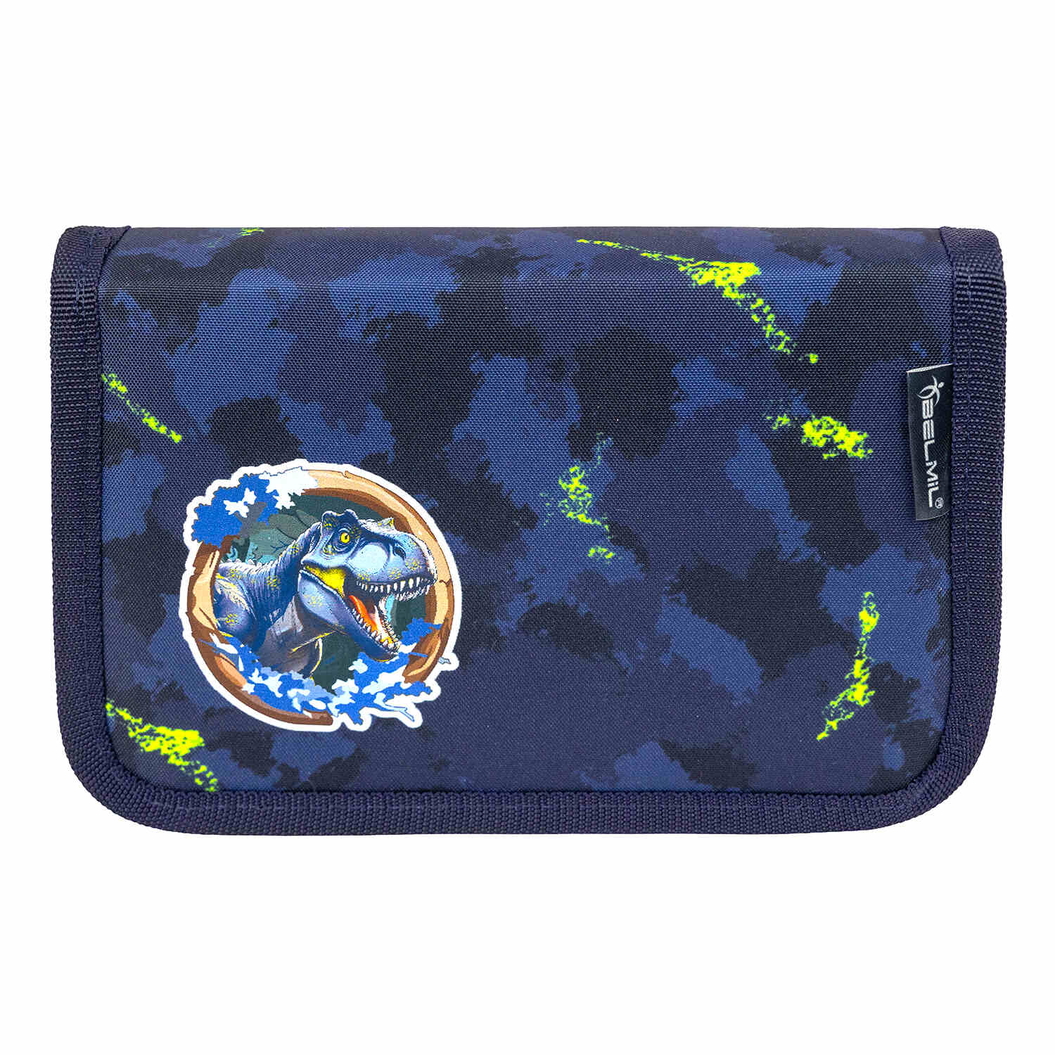 The fun and colorful Belmil Maxi Pack T-Rexy Ergonomic School Bag Set for Boys – 5-Piece Set + Interchangeable Dinosaur Patch Set designed for kids who love dinosaurs.
