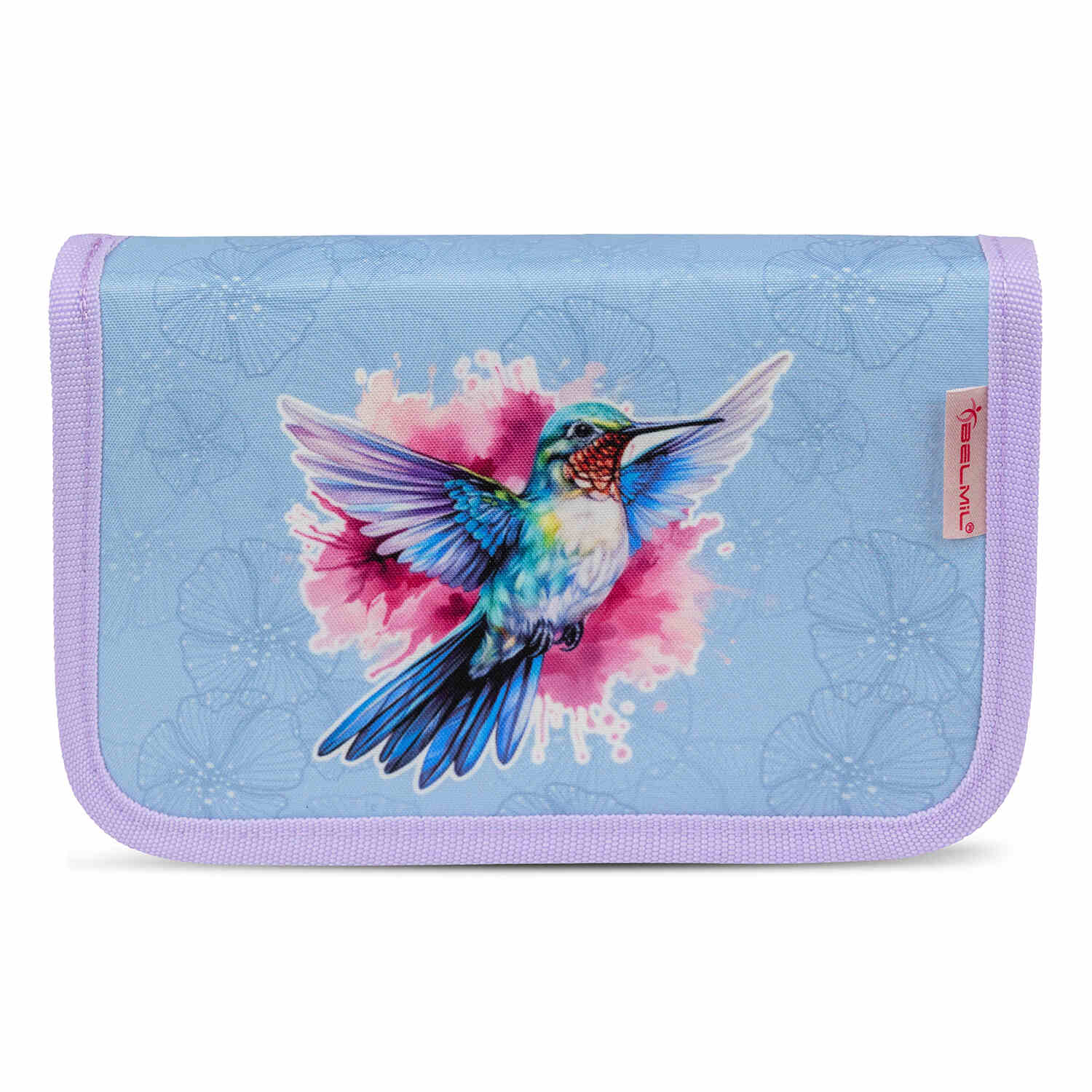 Close-up of the detailed floral designs on the Ergonomic School Bag Set for Girls – Belmil Compact Tropical Hummingbird.