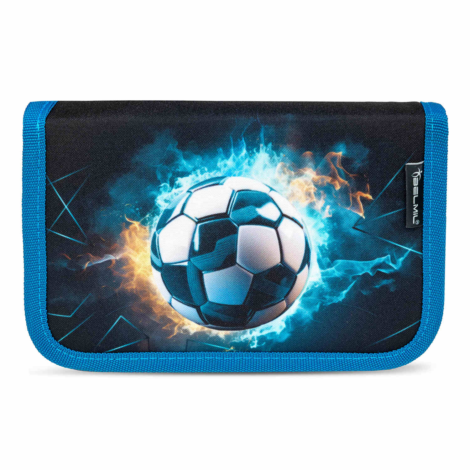 The Ergonomic School Bag Set for Boys – Belmil Classy Fire Football (5 pcs) displayed with reflective elements for safety.