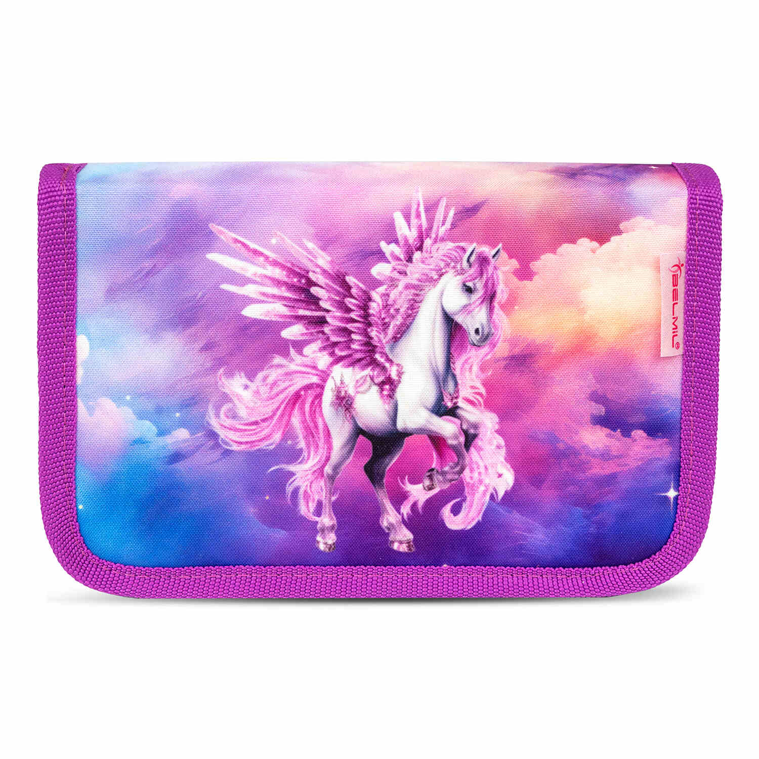 Mini-Fit Pegasus schoolbag set 4 pcs designed for children from 110cm height. Styled for girls, it represents the ergonomic school bag set for girls – Belmil Mini-Fit Pegasus (4 pcs).