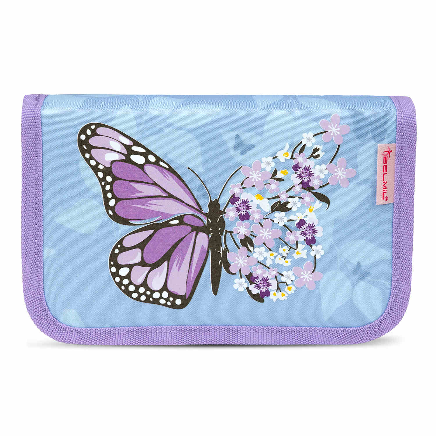 View of The Ergonomic School Bag Set for Girls – Belmil Classy Purple Blue Butterfly (5 pcs) with all accessories laid out, highlighting the complete set.