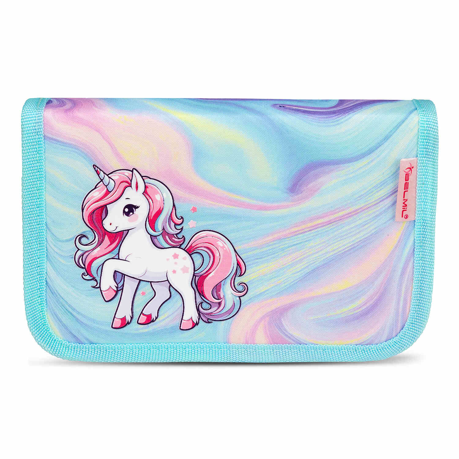 The full set of the Ergonomic School Bag Set for Girls – Belmil Classy Unicorn Dream (4 pcs) displayed together on a colorful background.