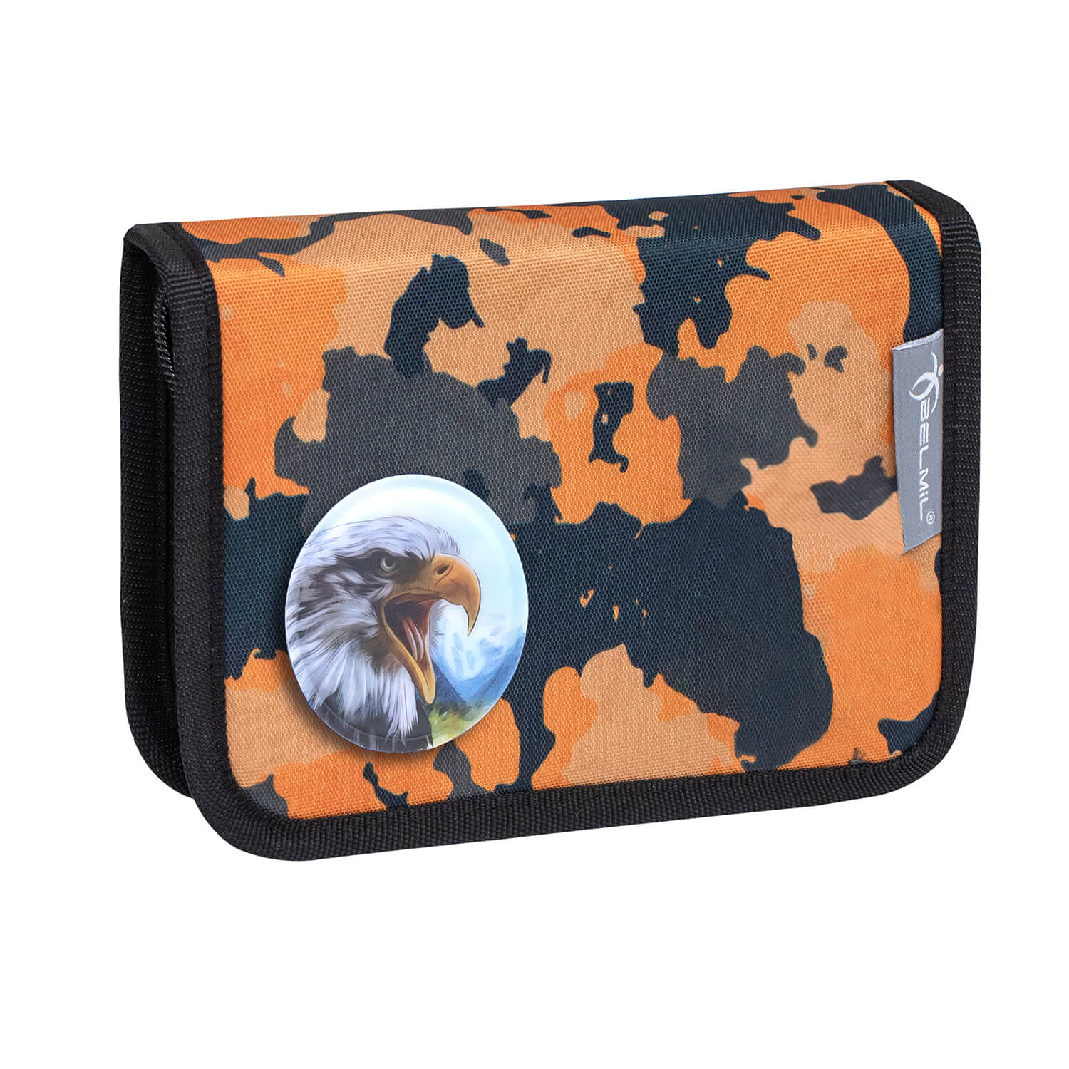 Kids using the Belmil Motion Orange Camouflage School Bag in a school setting.