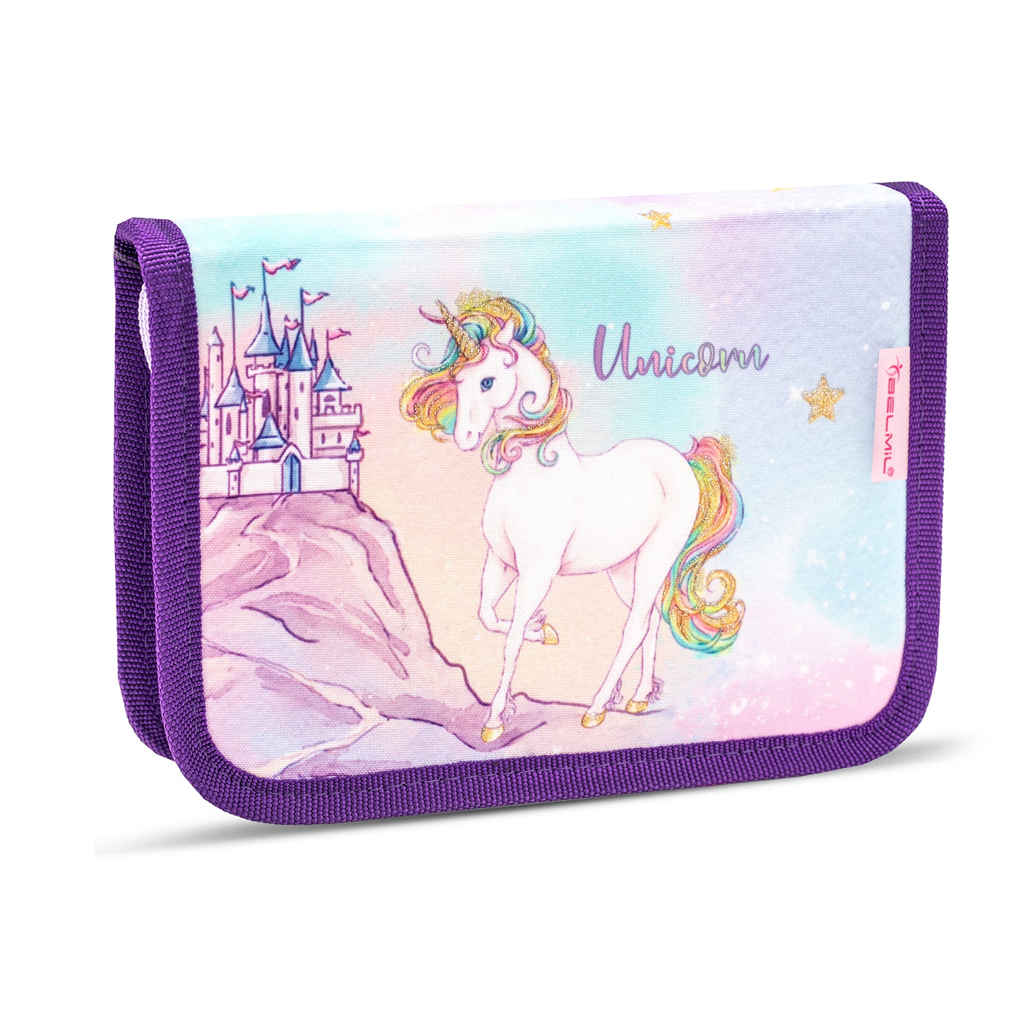 The Belmil Compact Ergonomic School Bag Set “Rainbow Unicorn Magic” Design with reflective elements for added safety.