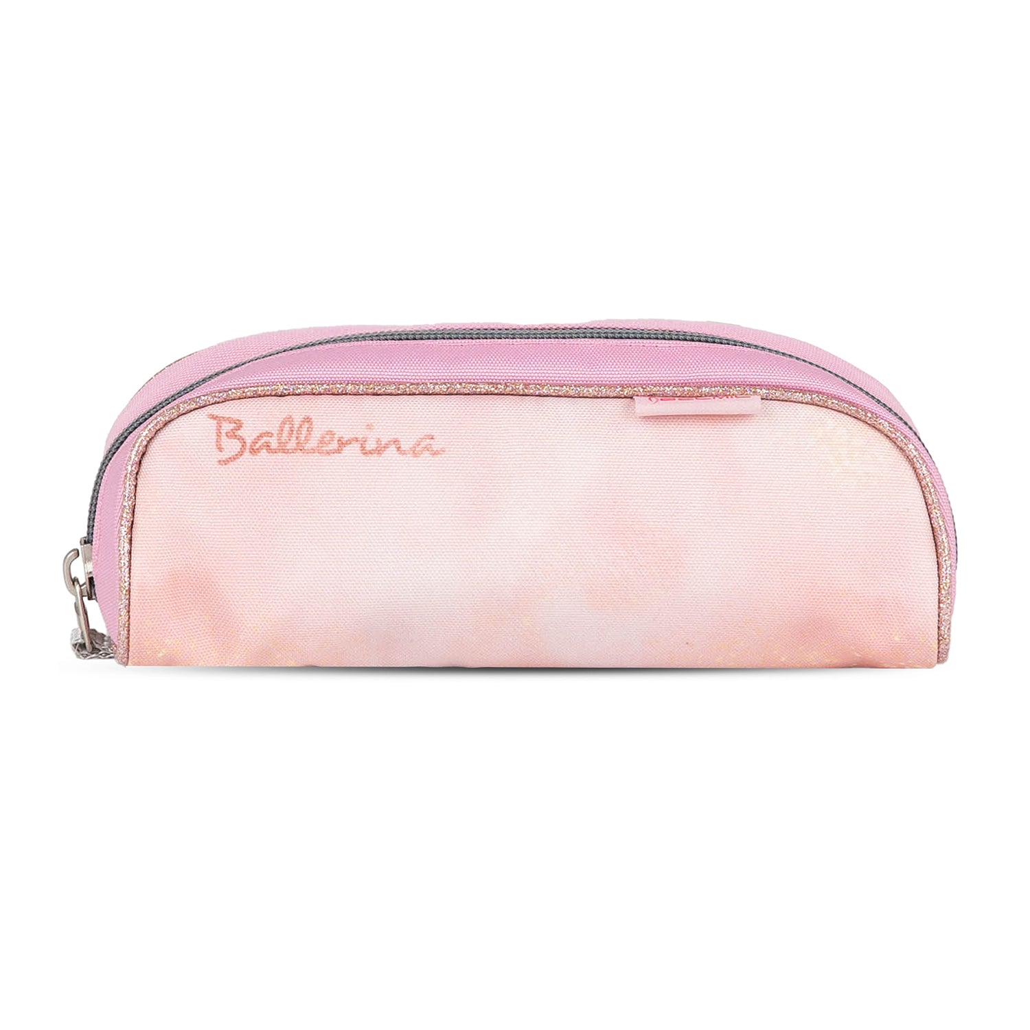 The complete Belmil Classy Ergonomic School Bag Set for Girls 'Ballerina Black Pink' showcasing all four pieces including gym bag, pencil cases, and raincoat.
