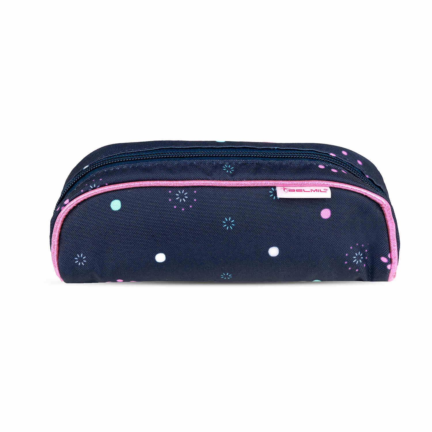 Belmil Smarty Flowers Blue Ergonomic School Bag Set for Girls – 5-Piece Set with 9 Patches and Hip Belt resting on a school desk.