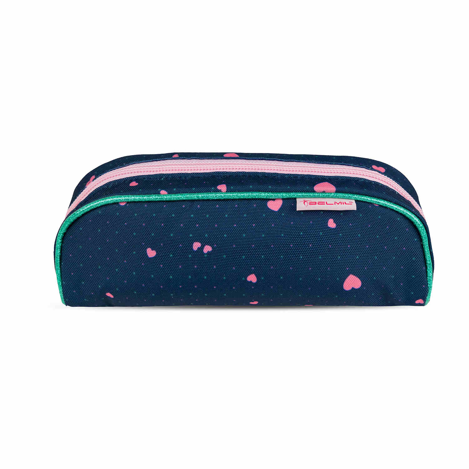 The Belmil Smarty In Love With Hearts Ergonomic School Bag Set – 5-Piece Set with 9 Interchangeable Patches and Hip Belt featuring its signature pom-pom keychain.