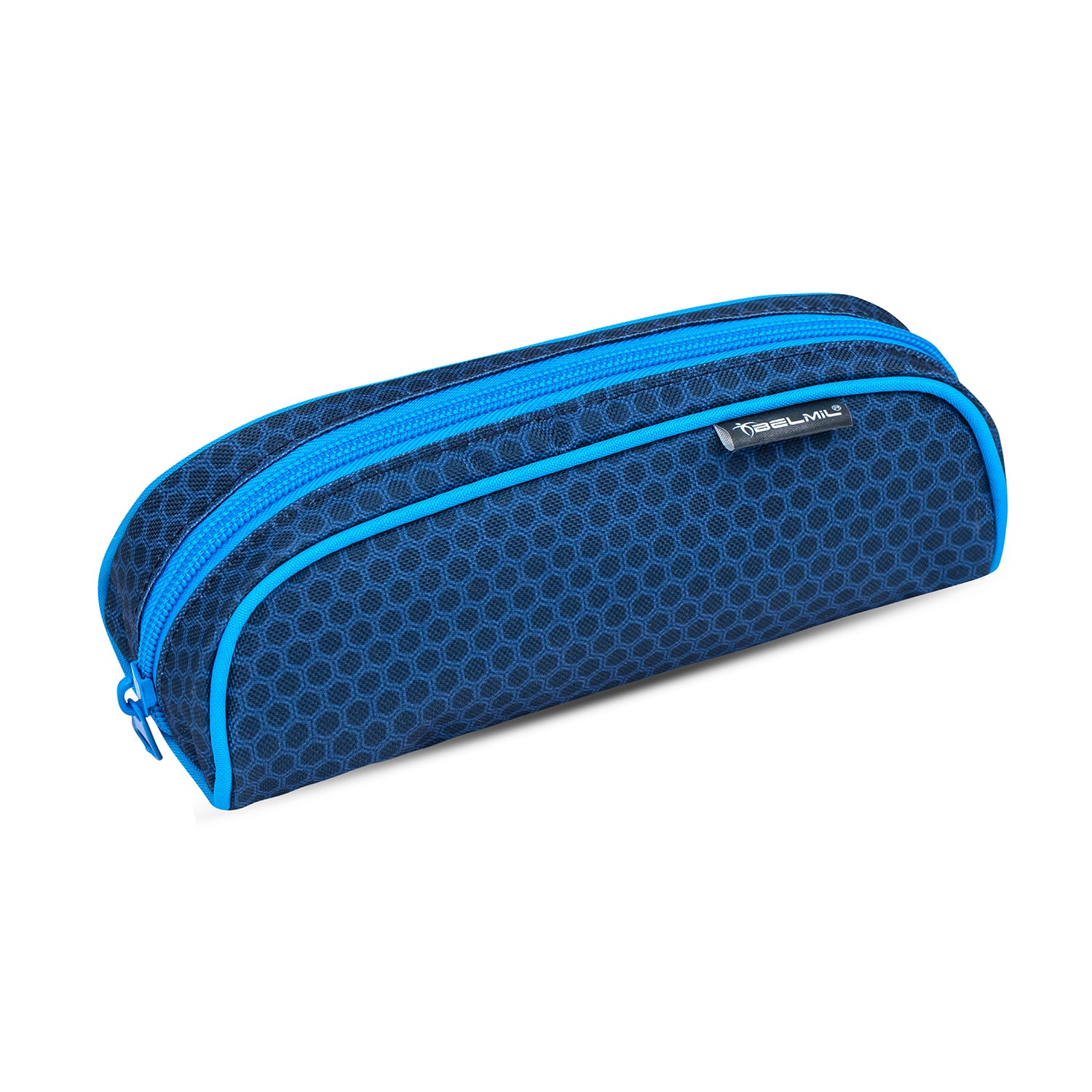 Full view of the Belmil Mini-Fit Ergonomic School Bag Set 'Racing Blue Neon' with included gym bag and pencil case, perfect for young school starters.