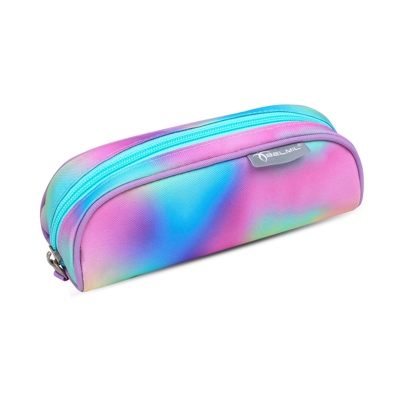 Belmil Classy Ergonomic School Bag Set for Girls “Rainbow Color” Design + Unicorn Raincoat accessories including a drawstring gym bag and pencil cases in matching colorful designs.