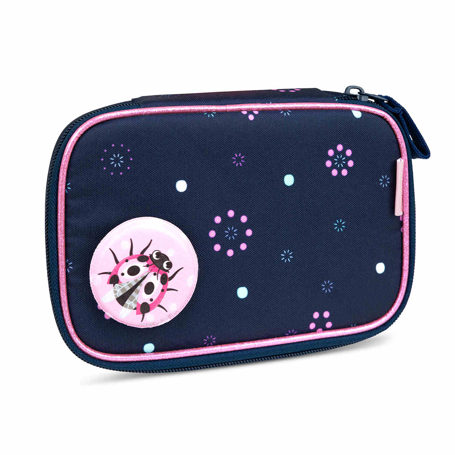 Belmil Smarty Flowers Blue Ergonomic School Bag Set for Girls – 5-Piece Set with 9 Patches and Hip Belt displayed alongside its matching accessories.