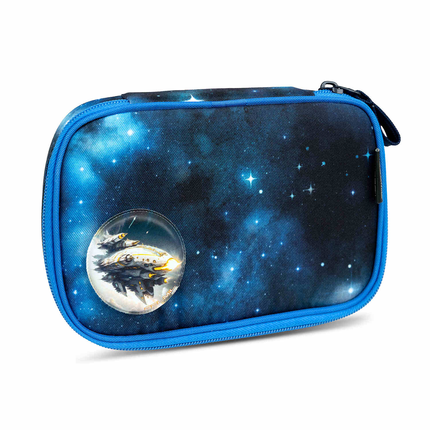 Family-owned manufacturer logo and packaging of the Belmil Smarty Galaxy Light School Bag, highlighting its quality craftsmanship.