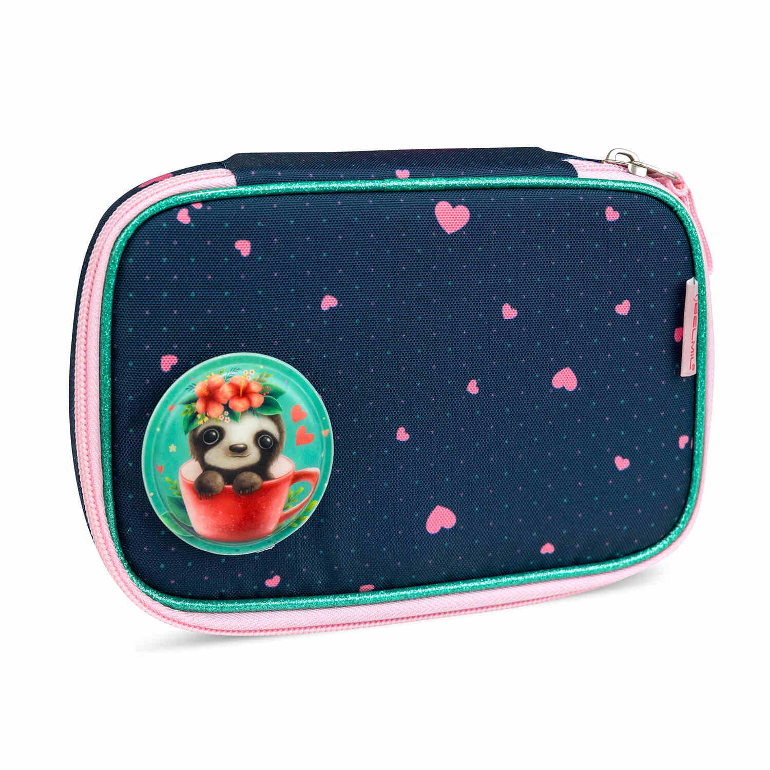 The Belmil Smarty In Love With Hearts Ergonomic School Bag Set – 5-Piece Set with 9 Interchangeable Patches and Hip Belt on display with its side pockets.