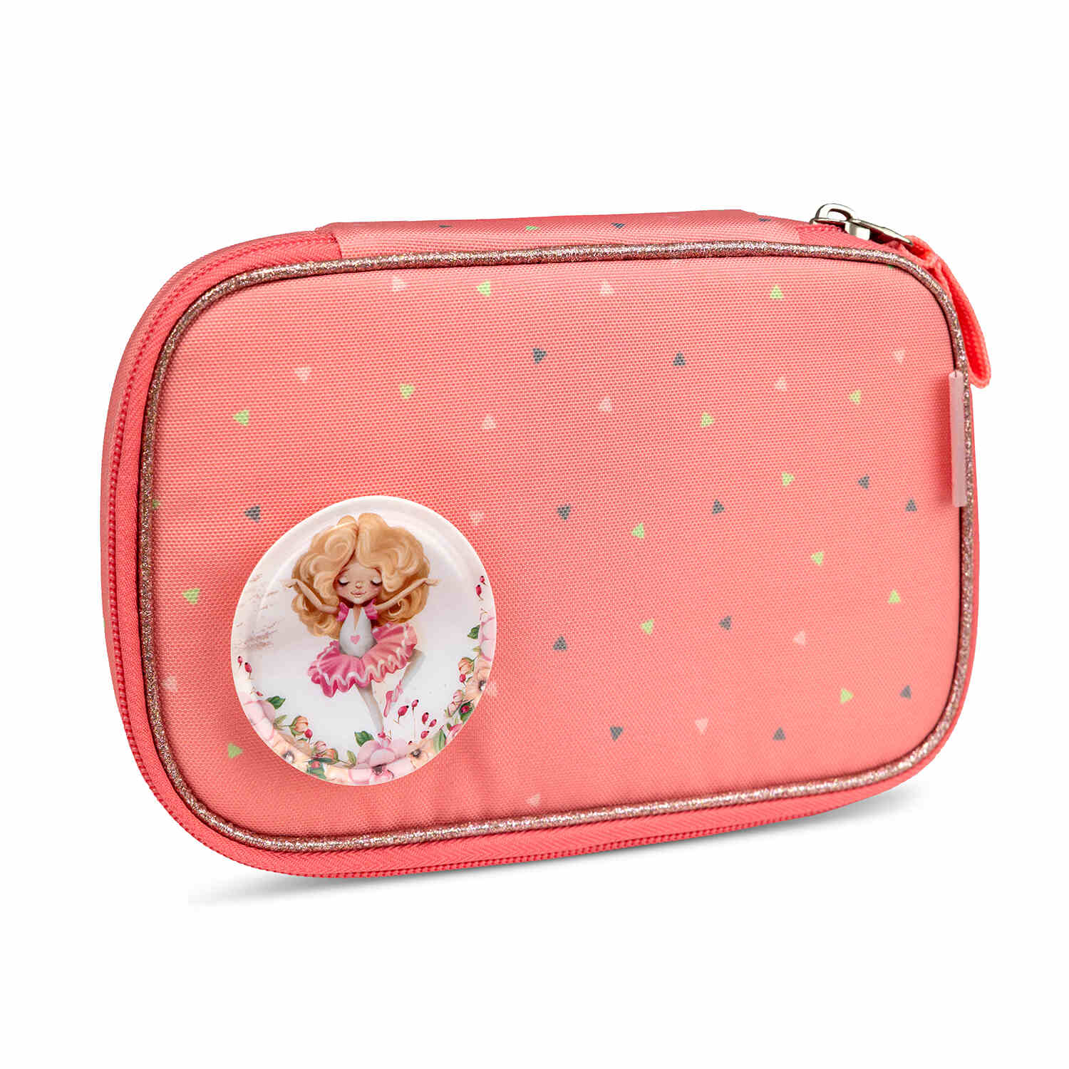 View of the zip pouch included in the Belmil Smarty Minimal Triangels Ergonomic School Bag Set – 5-Piece Set with 9 Interchangeable Patches and Hip Belt.