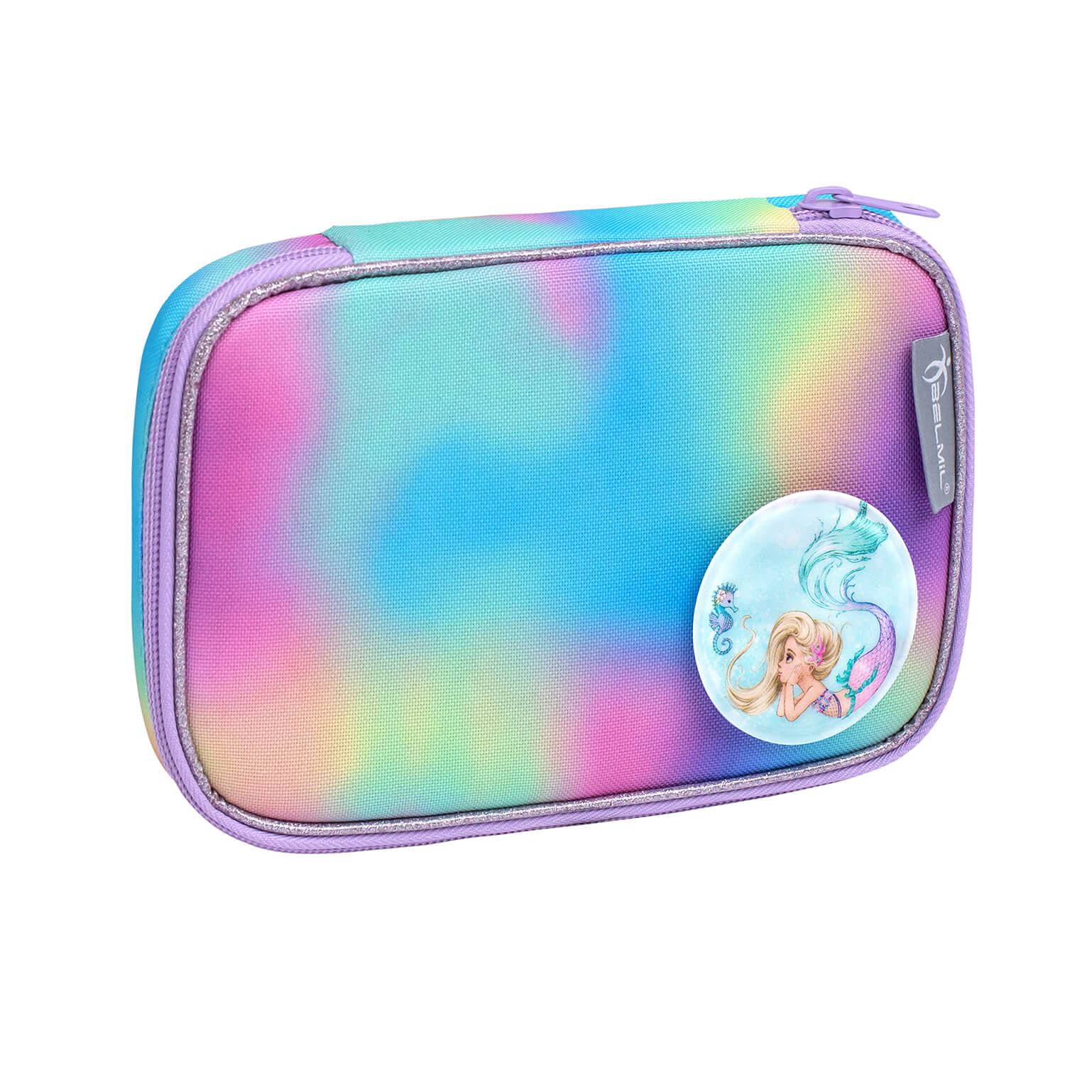 Close-up of the pencil case included in the Belmil Smarty Rainbow Color Ergonomic School Bag Set – 5-Piece Set with 9 Interchangeable Patches and Hip Belt, showcasing bright colors and design by the vendor sale.
