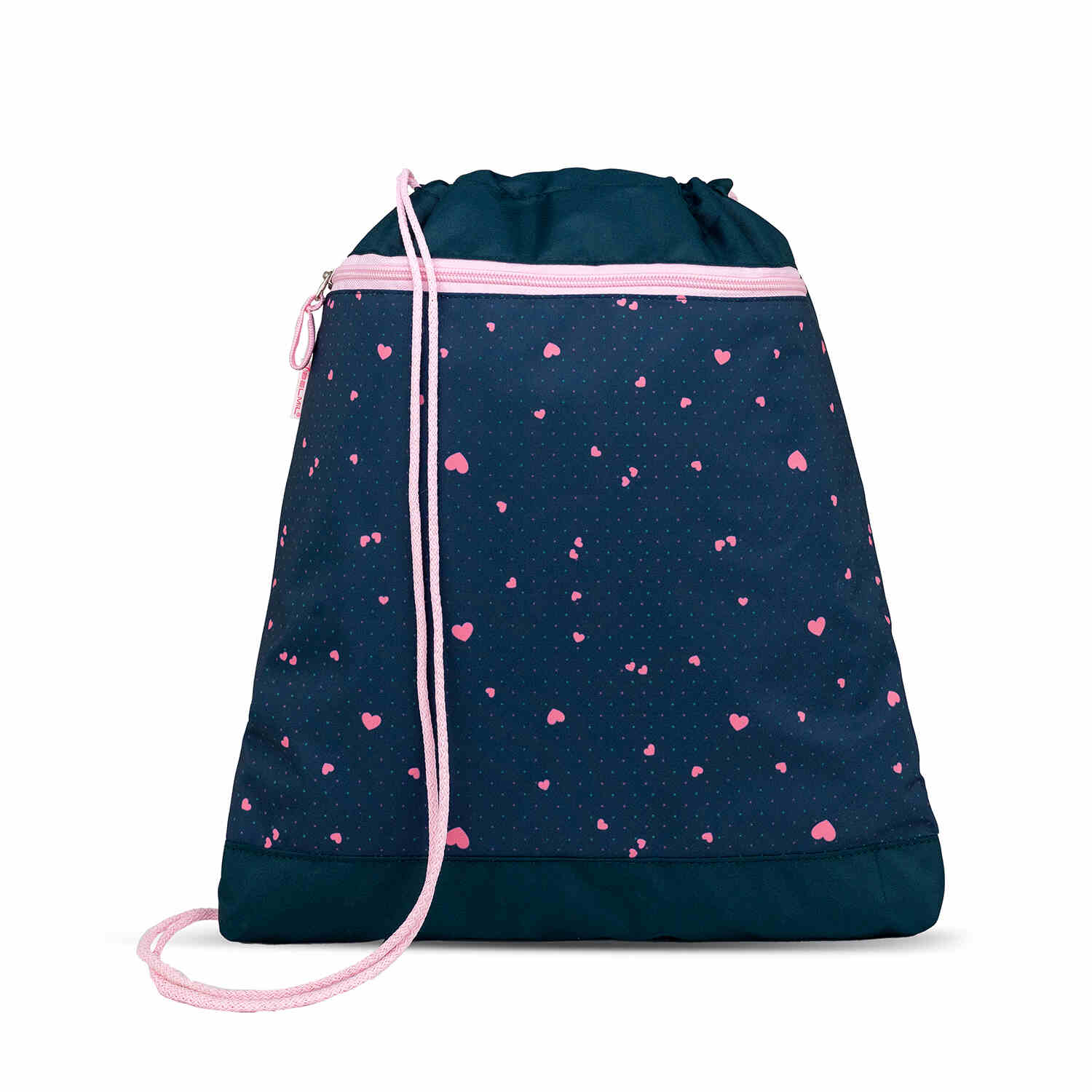A happy child wearing the Belmil Smarty In Love With Hearts Ergonomic School Bag Set – 5-Piece Set with 9 Interchangeable Patches and Hip Belt at a school event.