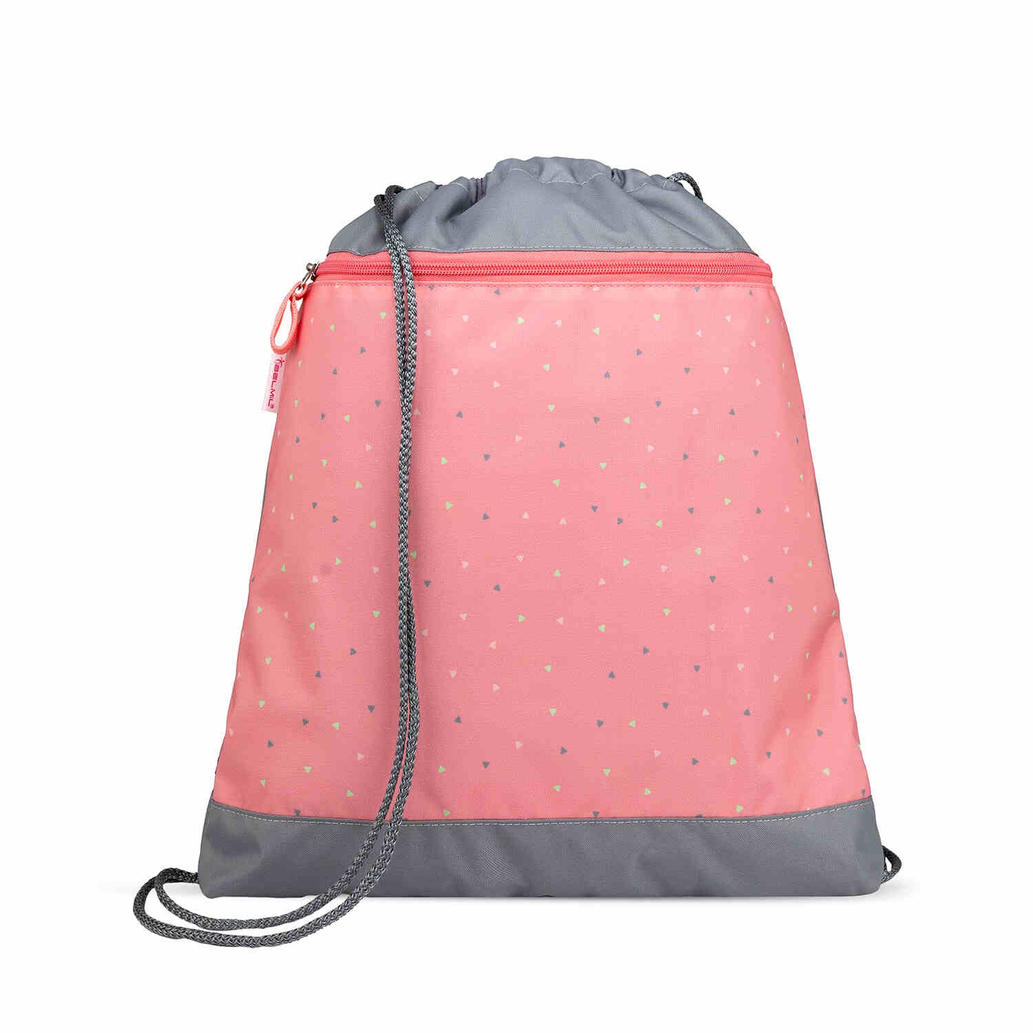 The empty pencil case from the Belmil Smarty Minimal Triangels Ergonomic School Bag Set – 5-Piece Set with 9 Interchangeable Patches and Hip Belt, showcasing design features.