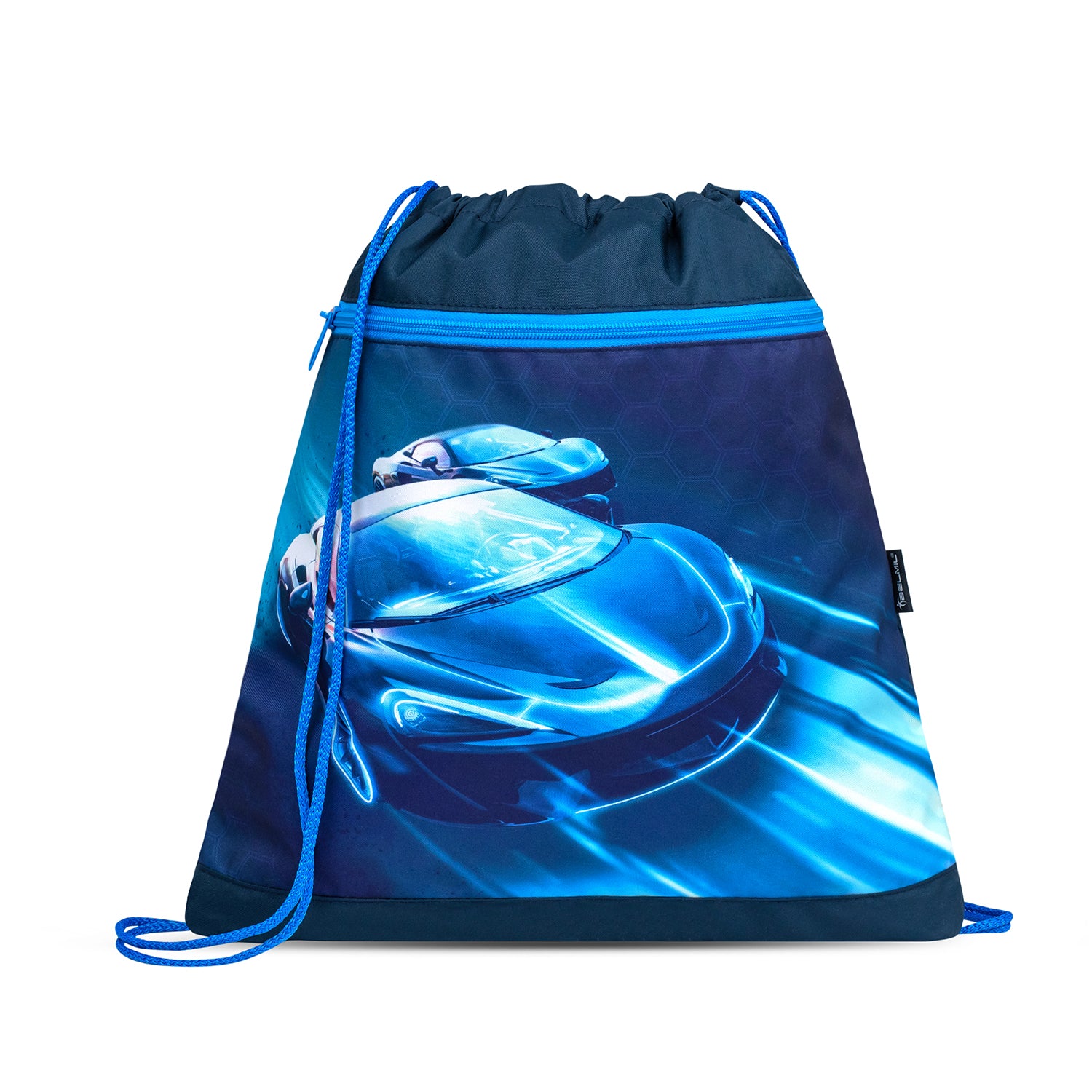 Fun racing theme on the Belmil Mini-Fit Ergonomic School Bag Set 'Racing Blue Neon' showcasing its vibrant colors and adventurous design for boys.