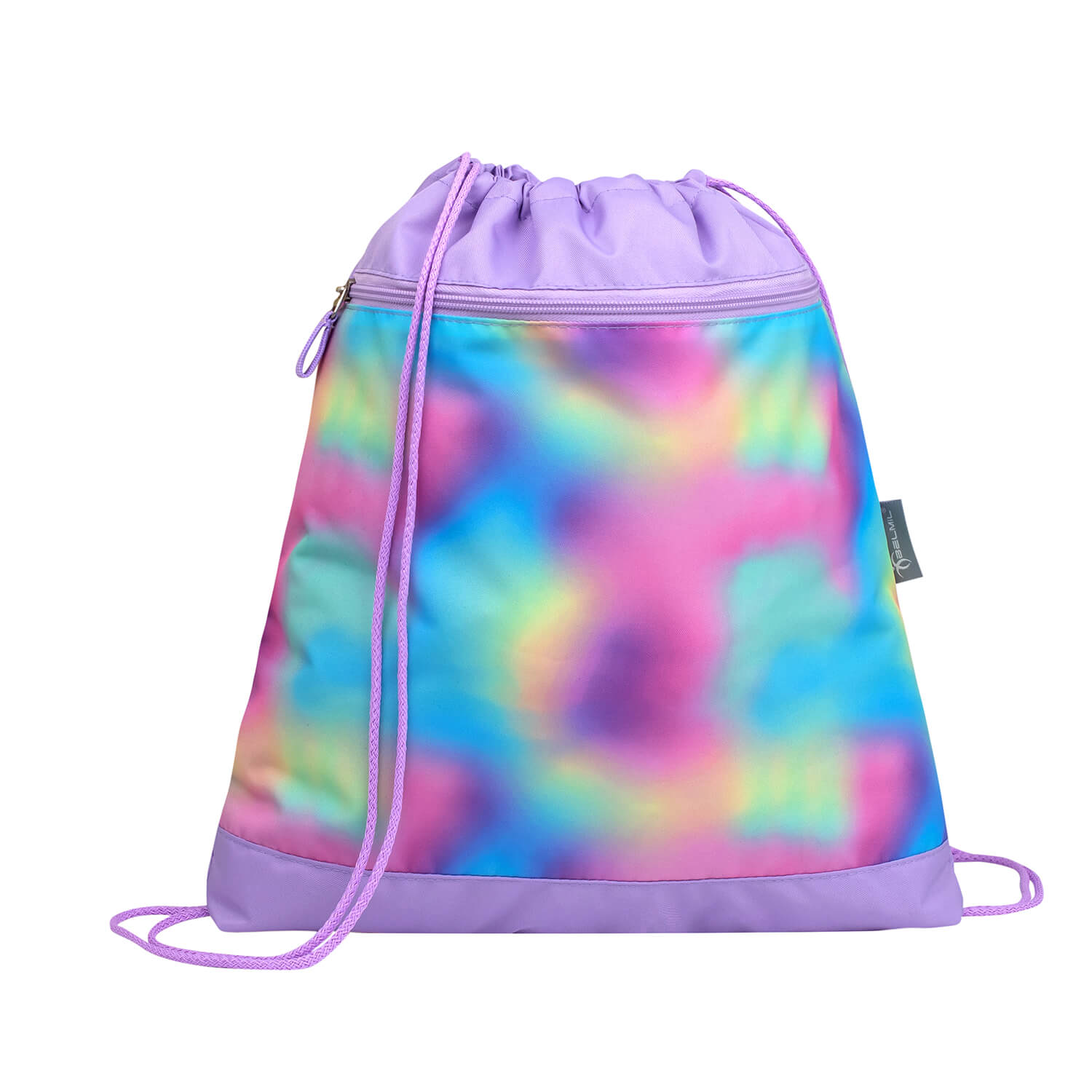 Side view of the zip pouch in the Belmil Smarty Rainbow Color Ergonomic School Bag Set – 5-Piece Set with 9 Interchangeable Patches and Hip Belt, featuring vibrant patterns and design from the vendor sale.