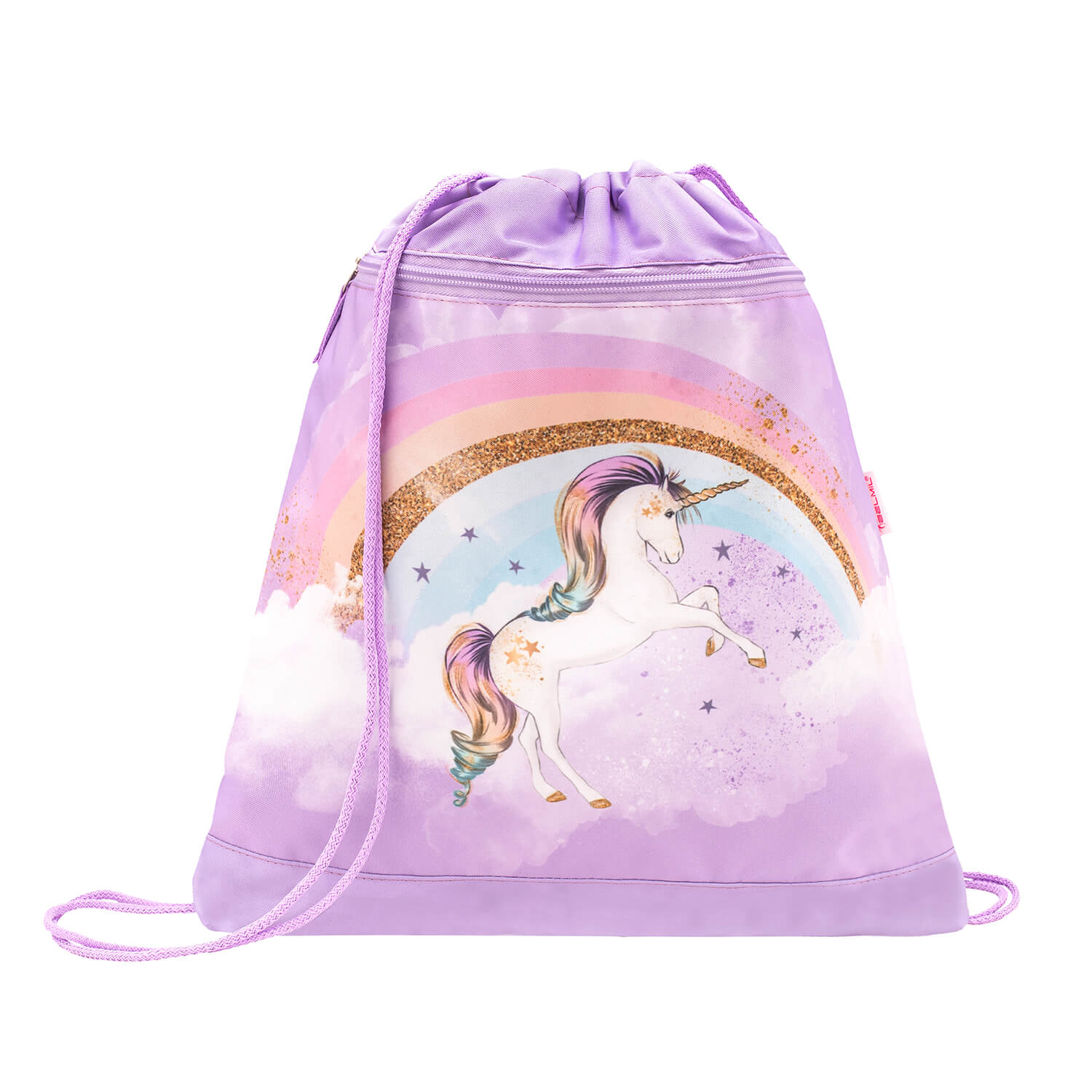 Complete set of Mini-Fit Rainbow Unicorn Schoolbag Set 4 pcs, designed ergonomically for girls, showcasing fun colors and comfort by Belmil.