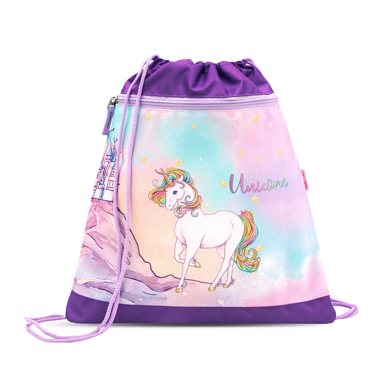 Delightful details of the Belmil Compact Ergonomic School Bag Set “Rainbow Unicorn Magic” Design including a pom-pom charm and glittery stars.