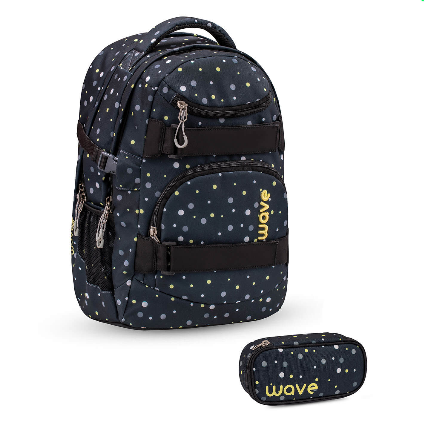 Wave Infinity Black And Yellow Dots school backpack Set 2 Pcs featuring ergonomic design and breathable back padding.