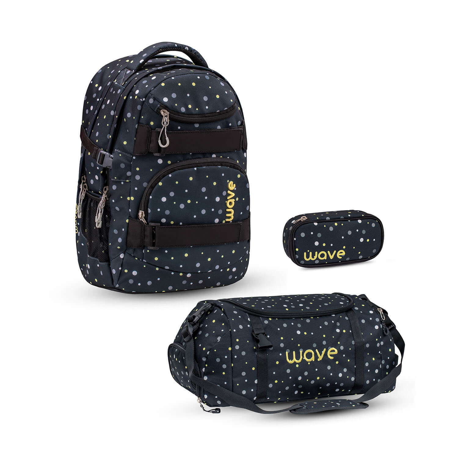 Wave Infinity Black And Yellow Dots Schulrucksack Set 3 tlg.