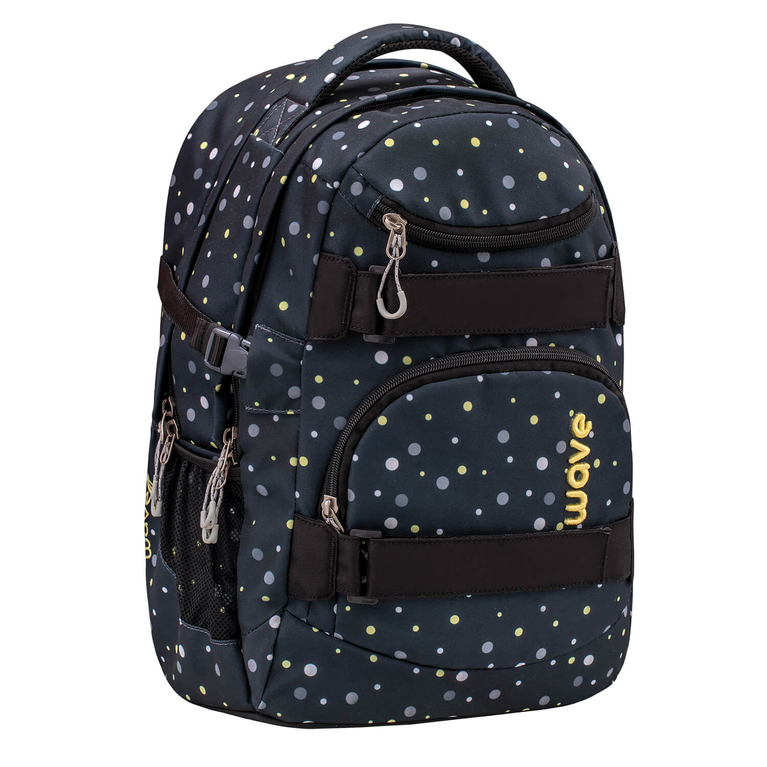 Wave Infinity Black And Yellow Dots school backpack Set 2 Pcs with adjustable chest strap and padded shoulder straps.