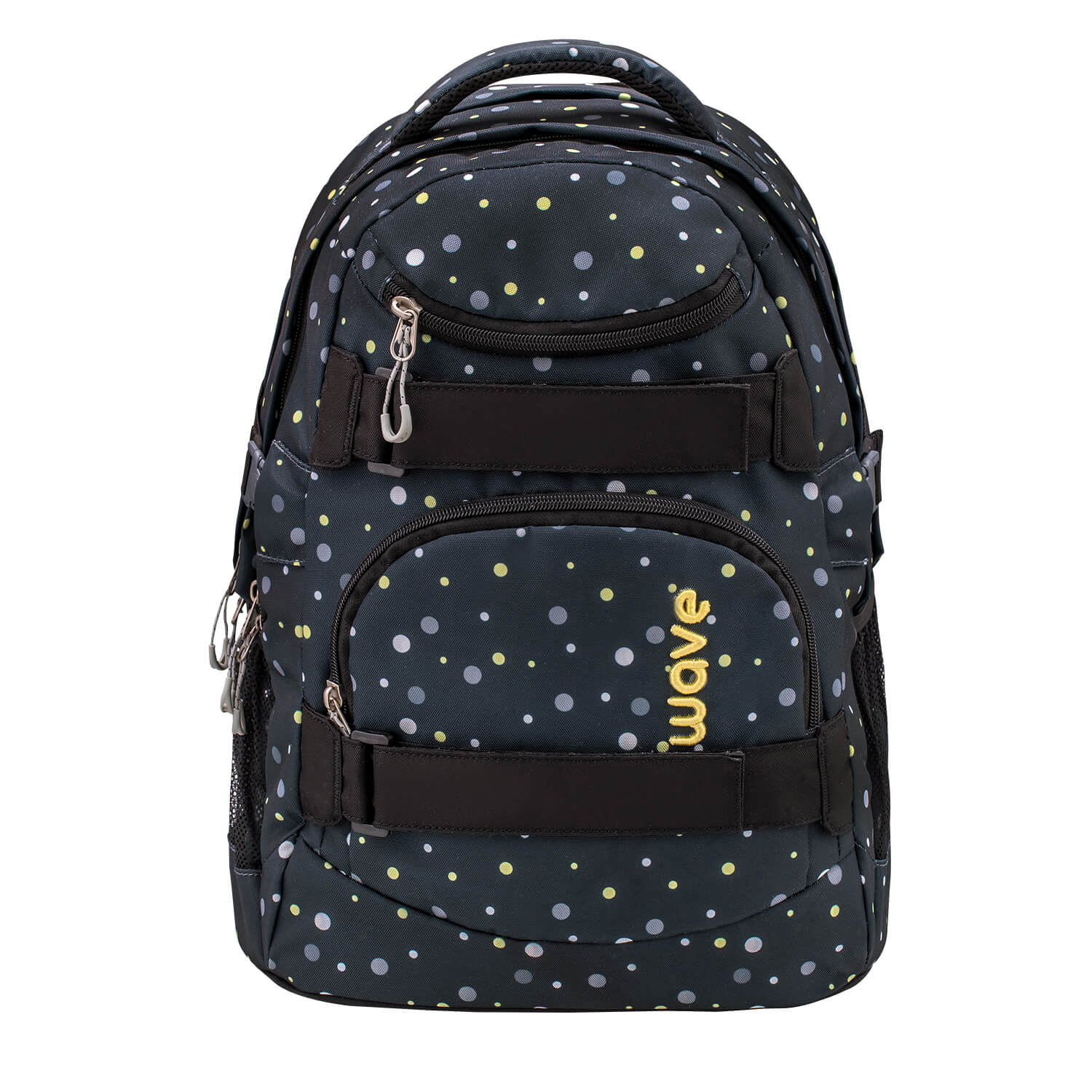 Internal view of Wave Infinity Black And Yellow Dots school backpack Set 2 Pcs showing compartments for laptop and tablet.