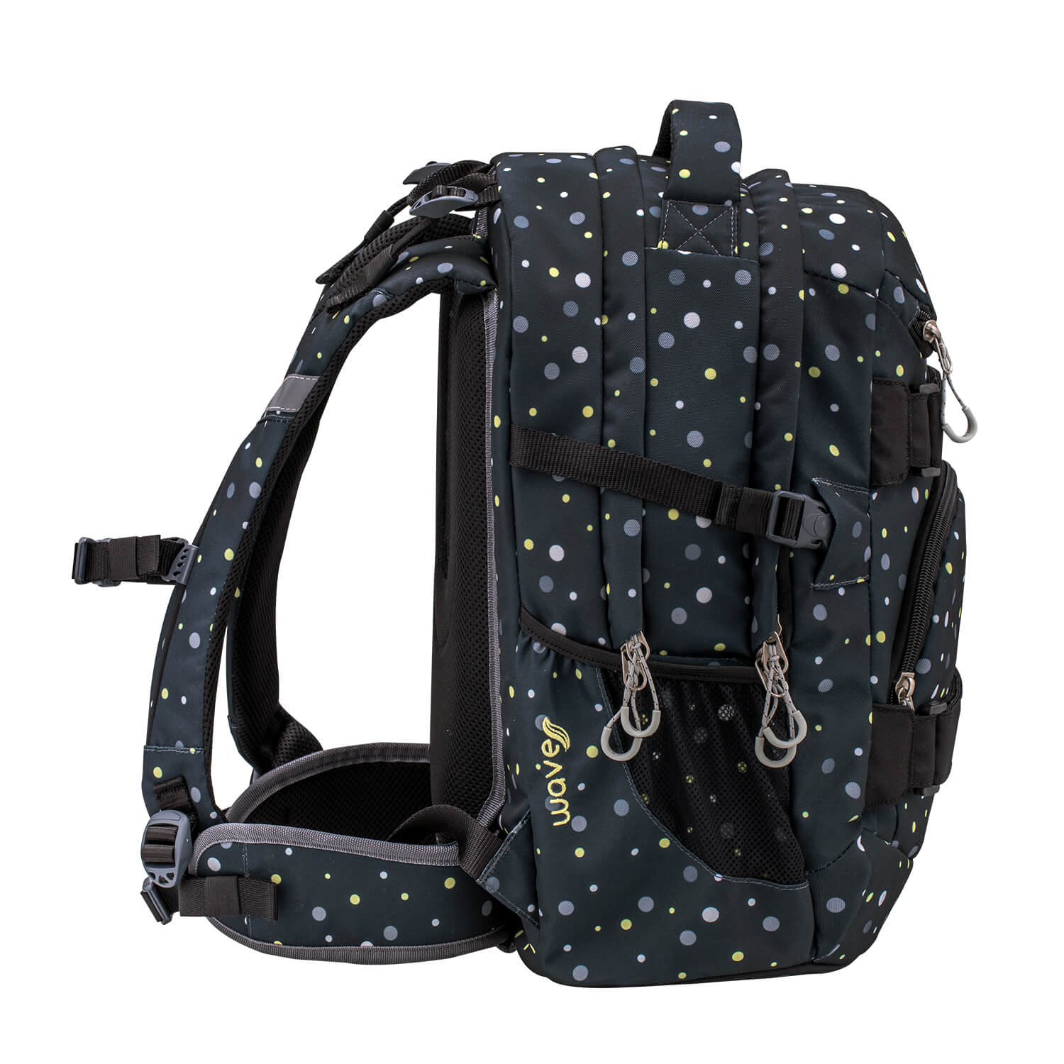 Detailed look at front pockets of Wave Infinity Black And Yellow Dots school backpack Set 2 Pcs.