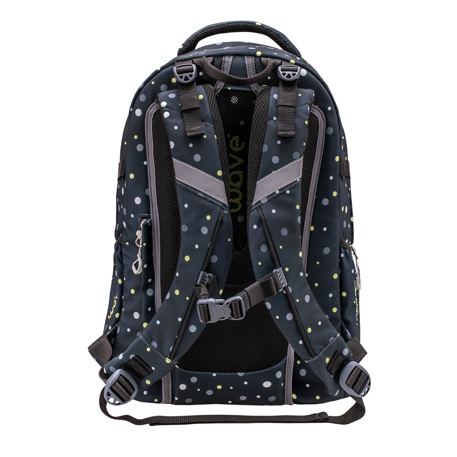 Hidden pocket detail in the Wave Infinity Black And Yellow Dots school backpack Set 2 Pcs.