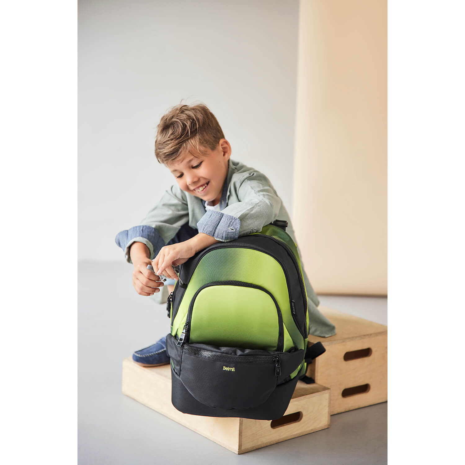 Premium Backpack & Fanny Pack Black Green Schulranzen 2tlg.