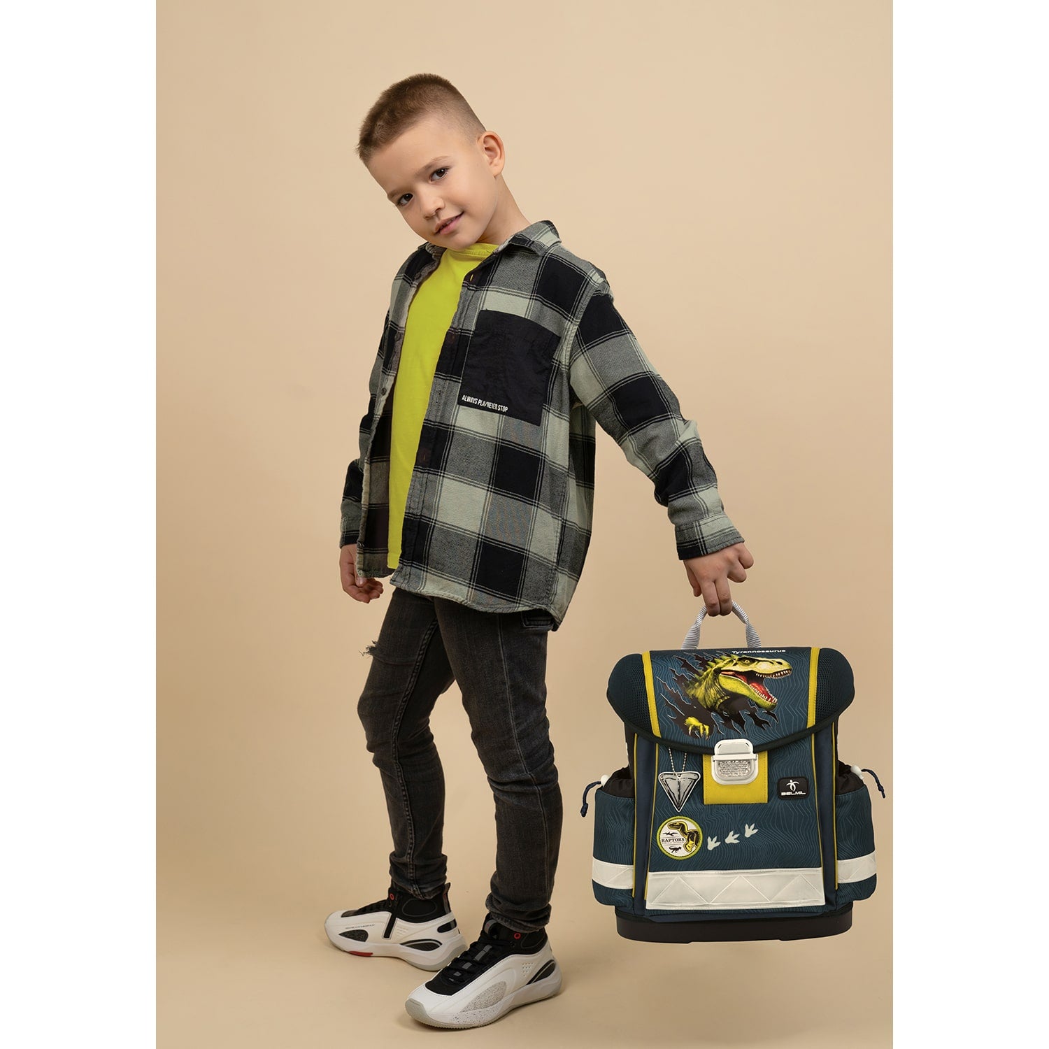 The Ergonomic School Bag Set for Boys – Belmil Classy King Dino (5 pcs) showcasing the lightweight construction and multiple compartments.