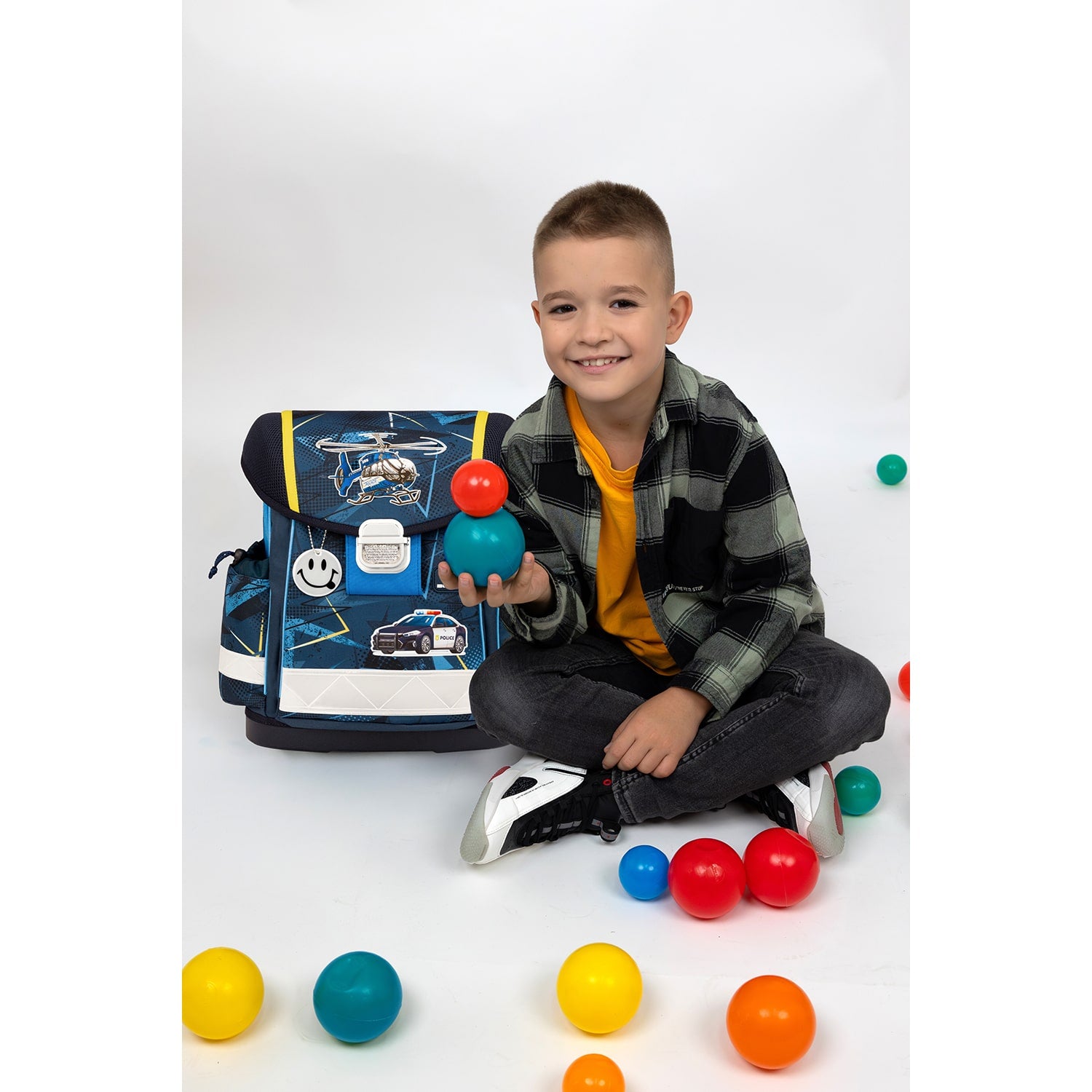 Front view of The Ergonomic School Bag Set for Boys – Belmil Classy Police (5 pcs) featuring multiple compartments and stylish design.