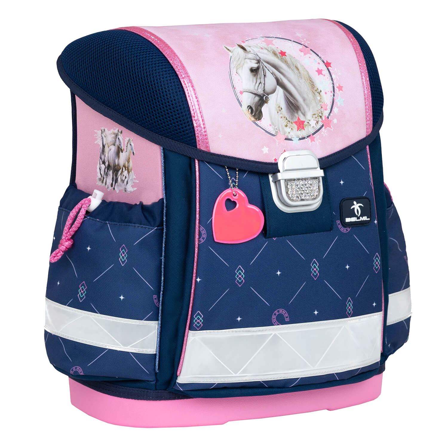 Demonstrating the comfort of the Belmil Ergonomic School Bag Set for Girls “Amazing Horse” Design + Unicorn Raincoat – 4-Piece Back-to-School Bundle with padded shoulder straps.