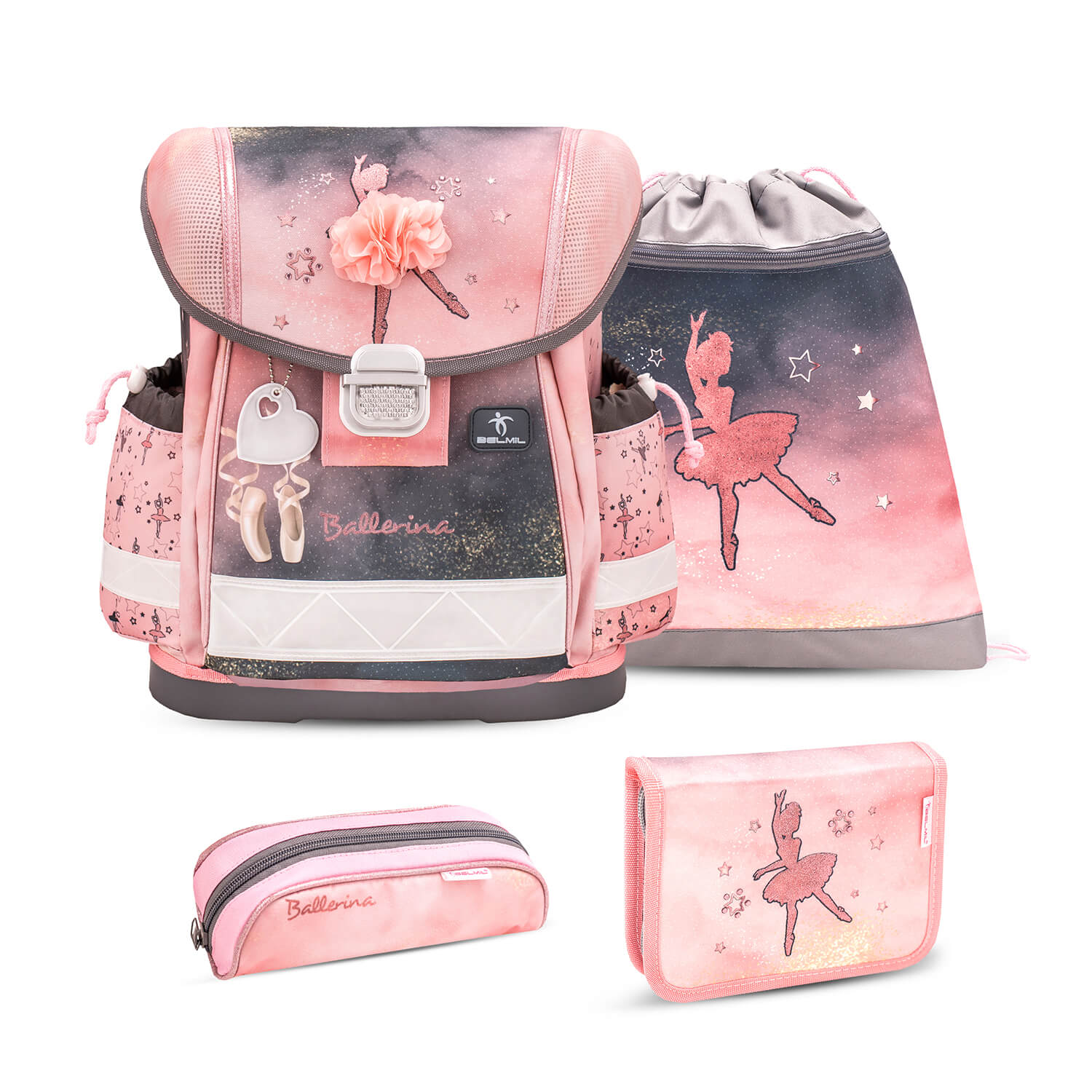 Classy Ballerina Black Pink schoolbag set 4 pcs featuring an ergonomic design for first graders, perfect for girls.