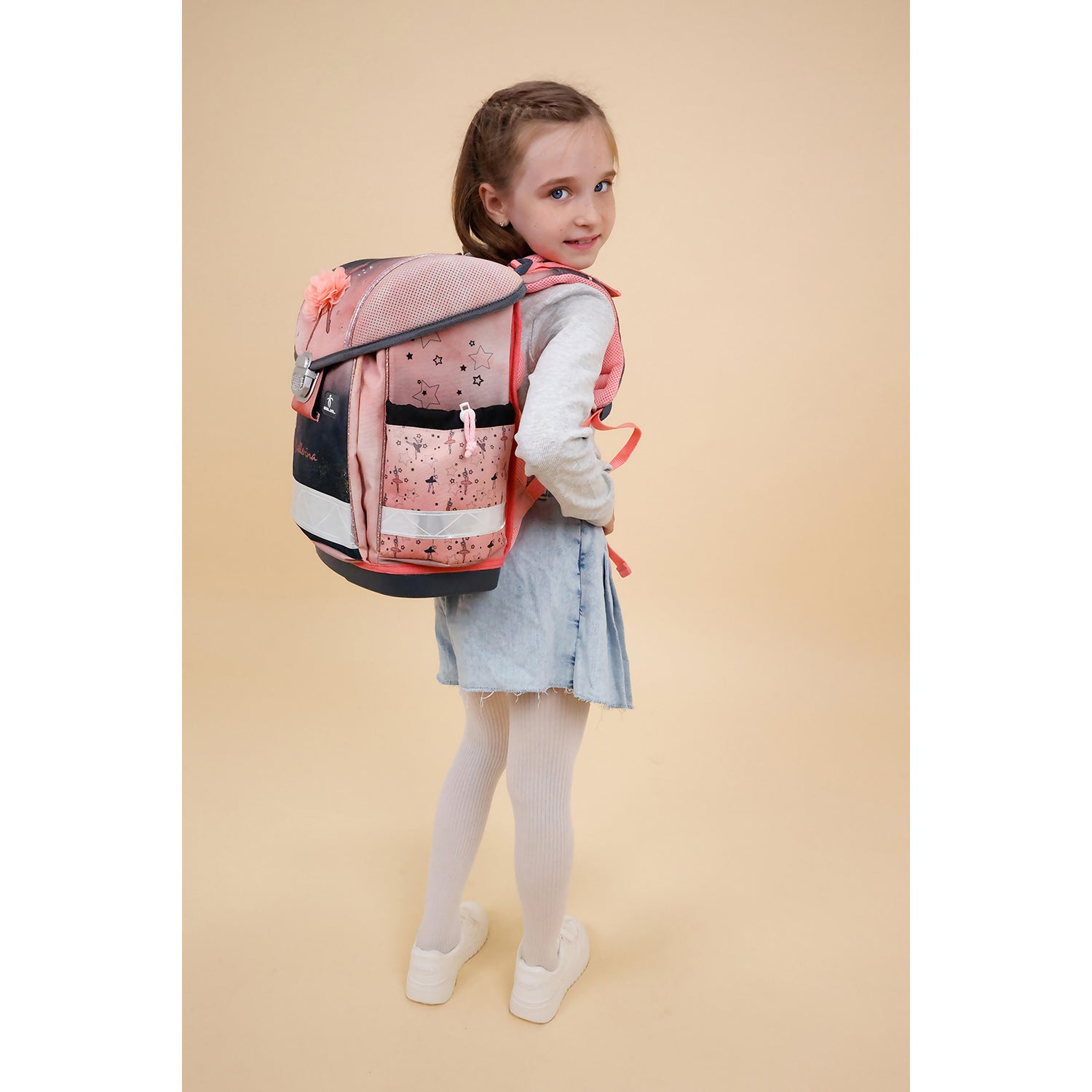 Beautiful illustration of the Belmil Ergonomic School Bag Set for Girls “Ballerina Black Pink” Design + Unicorn Raincoat – 4-Piece Back-to-School Bundle with a ballerina print.