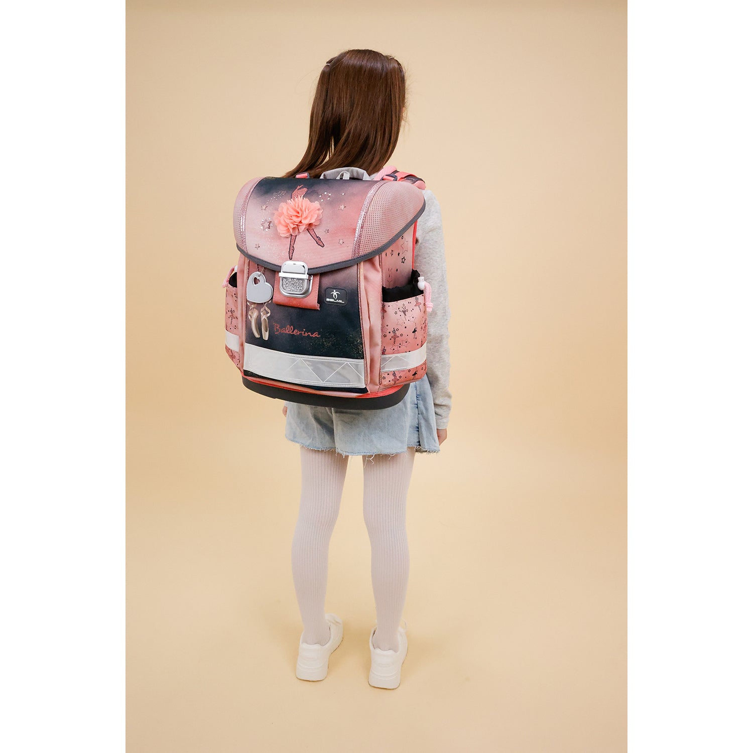 Close-up of the Belmil Ergonomic School Bag Set for Girls “Ballerina Black Pink” Design + Unicorn Raincoat – 4-Piece Back-to-School Bundle showcasing the ergonomic design features.