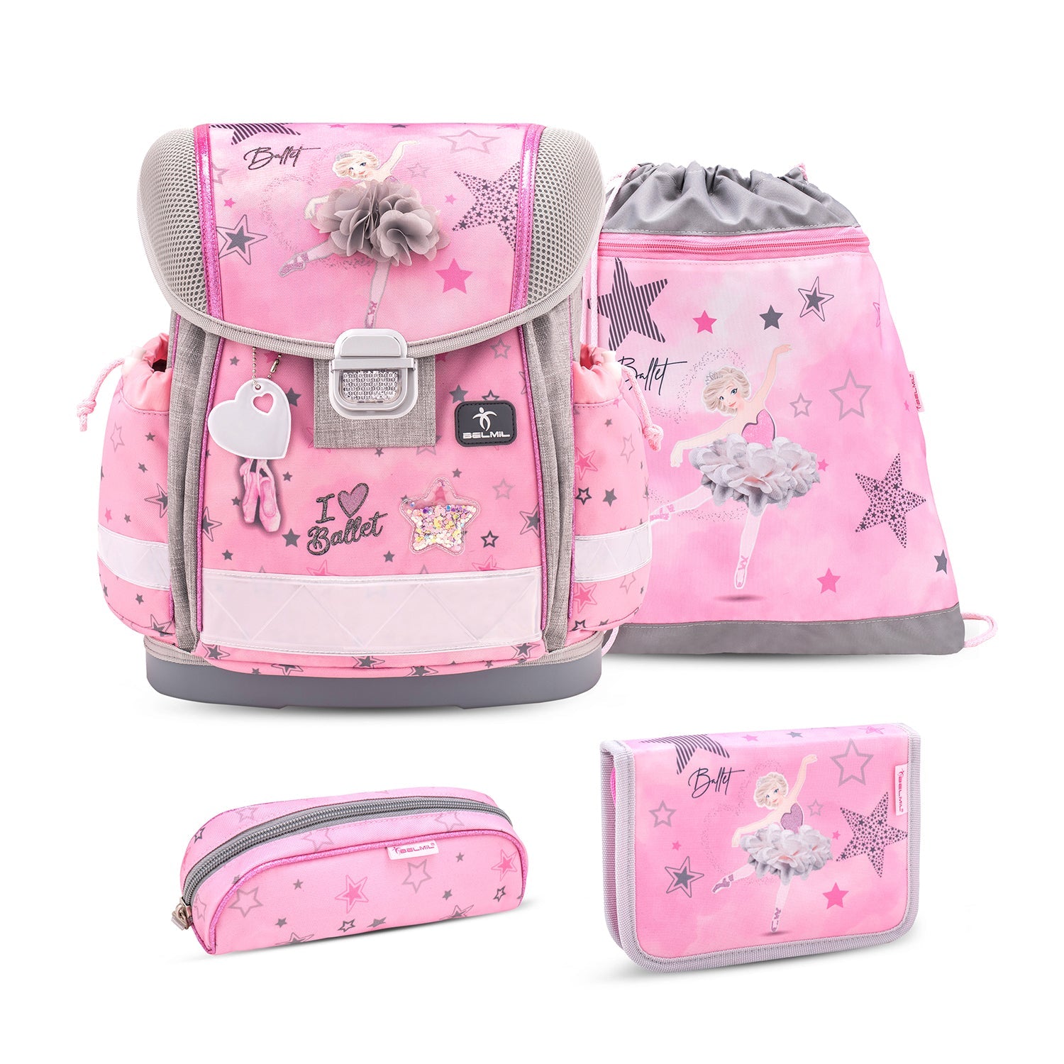 Classy Ballet Light Pink schoolbag set 4 pcs showcasing ergonomic design for girls, perfect for first graders, Ergonomic School Bag Set for Girls – Belmil Classy Ballet Light Pink (4 pcs) in vibrant colors.