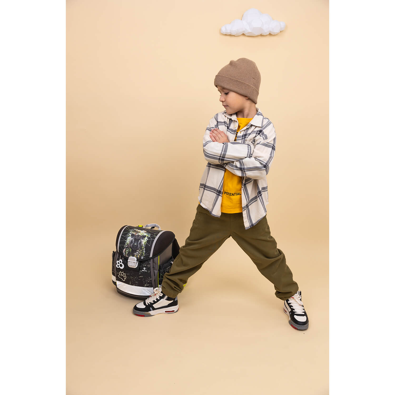 Belmil Classy Ergonomisches Schulranzen-Set für Jungen „Black Panther“ Design + Dinosaurier Regenmantel – 5-teiliges Schulstart-Set