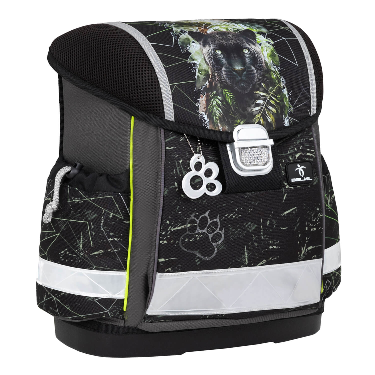 The complete Ergonomic School Bag Set for Boys– Belmil Classy Black Panther (4 pcs) including the gym bag and pencil cases.