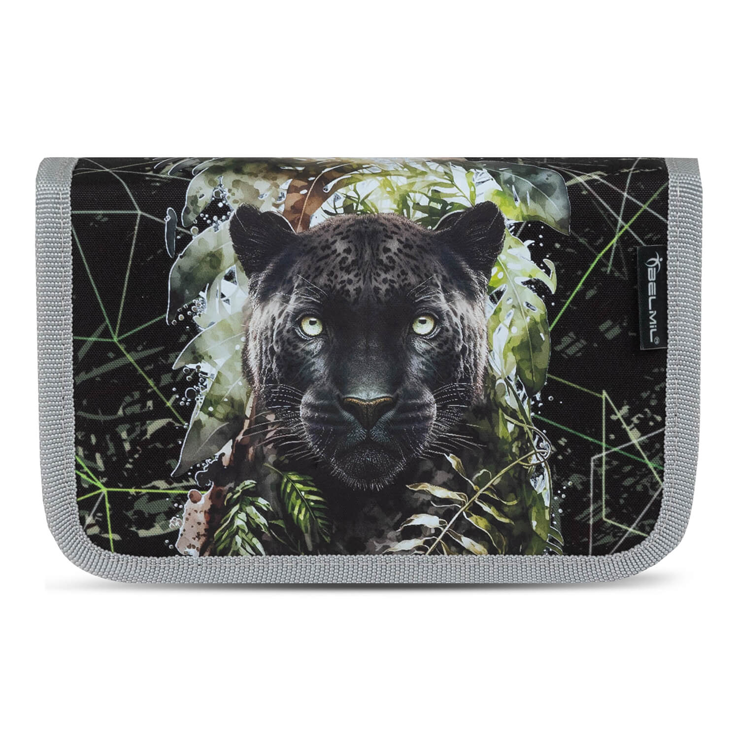 The various pieces in the Ergonomic School Bag Set for Boys– Belmil Classy Black Panther (4 pcs) laid out together.