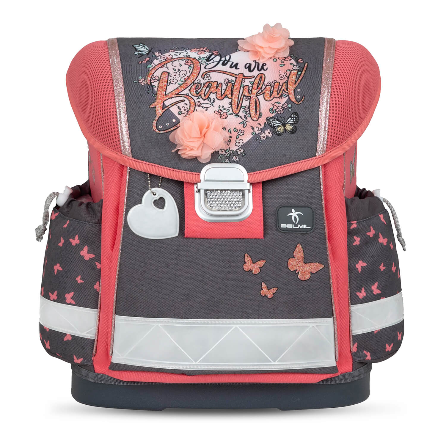 The complete Ergonomic School Bag Set for Girls – Belmil Classy Bloomy Blossom (4 pcs), including school bag and accessories.
