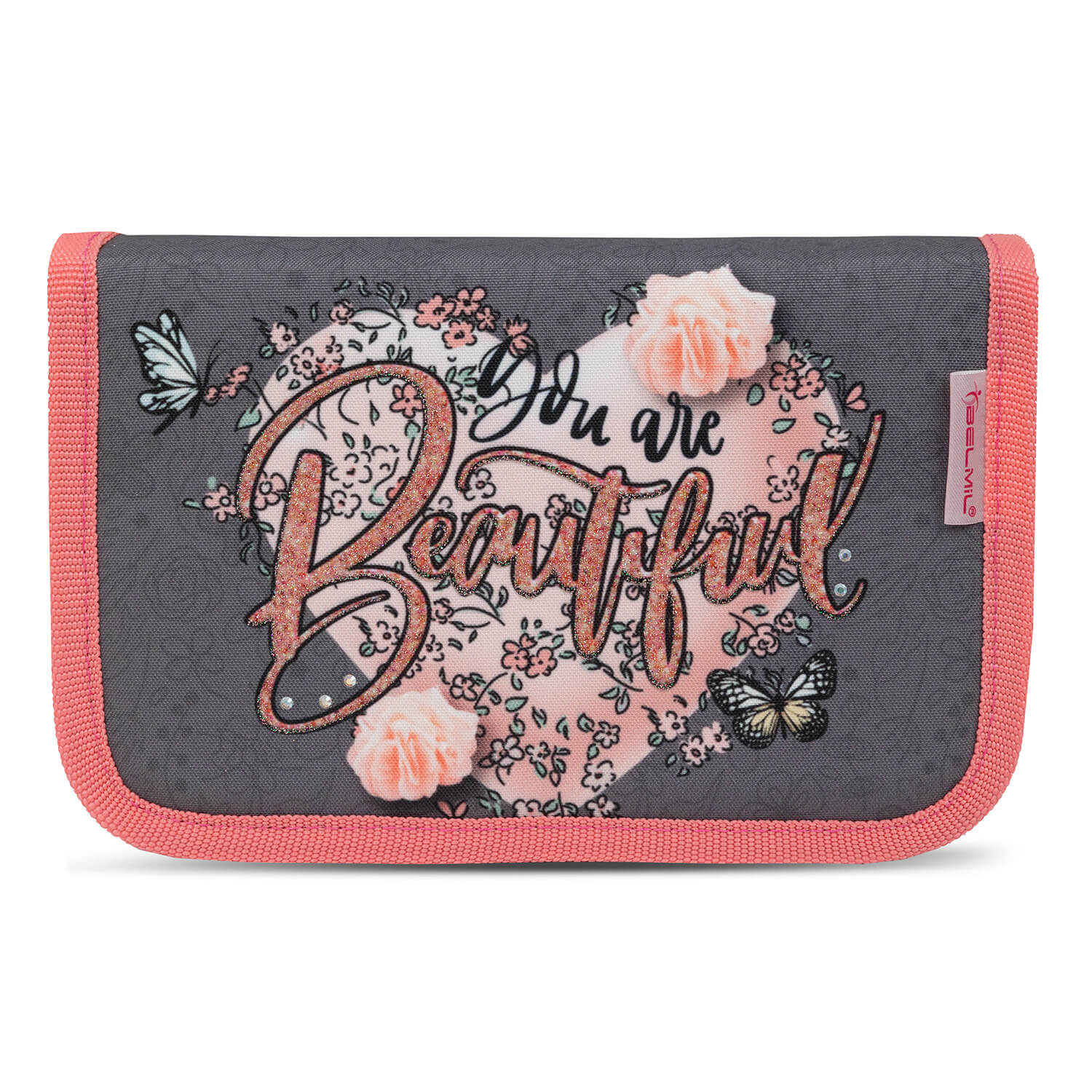 Round and box pencil cases from the Ergonomic School Bag Set for Girls – Belmil Classy Bloomy Blossom (4 pcs), perfect for school supplies.