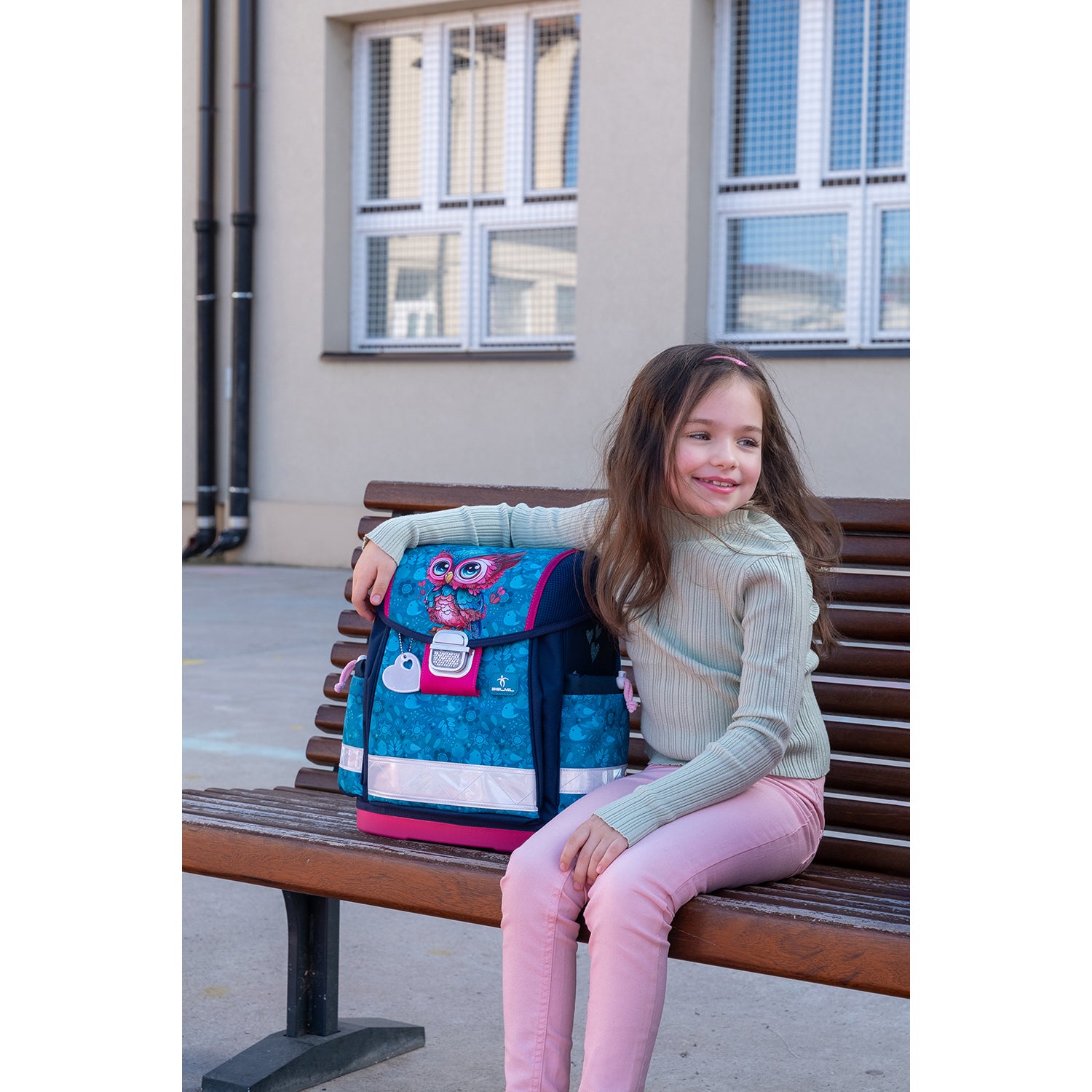 The complete Ergonomic School Bag Set for Girls – Belmil Classy Cute Owl (4 pcs) displayed with a drawstring gym bag and pencil cases.