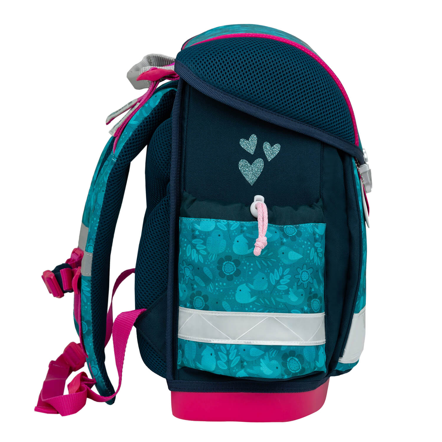 Detail view of the reflective elements on the Ergonomic School Bag Set for Girls – Belmil Classy Cute Owl (4 pcs) ensuring safety.