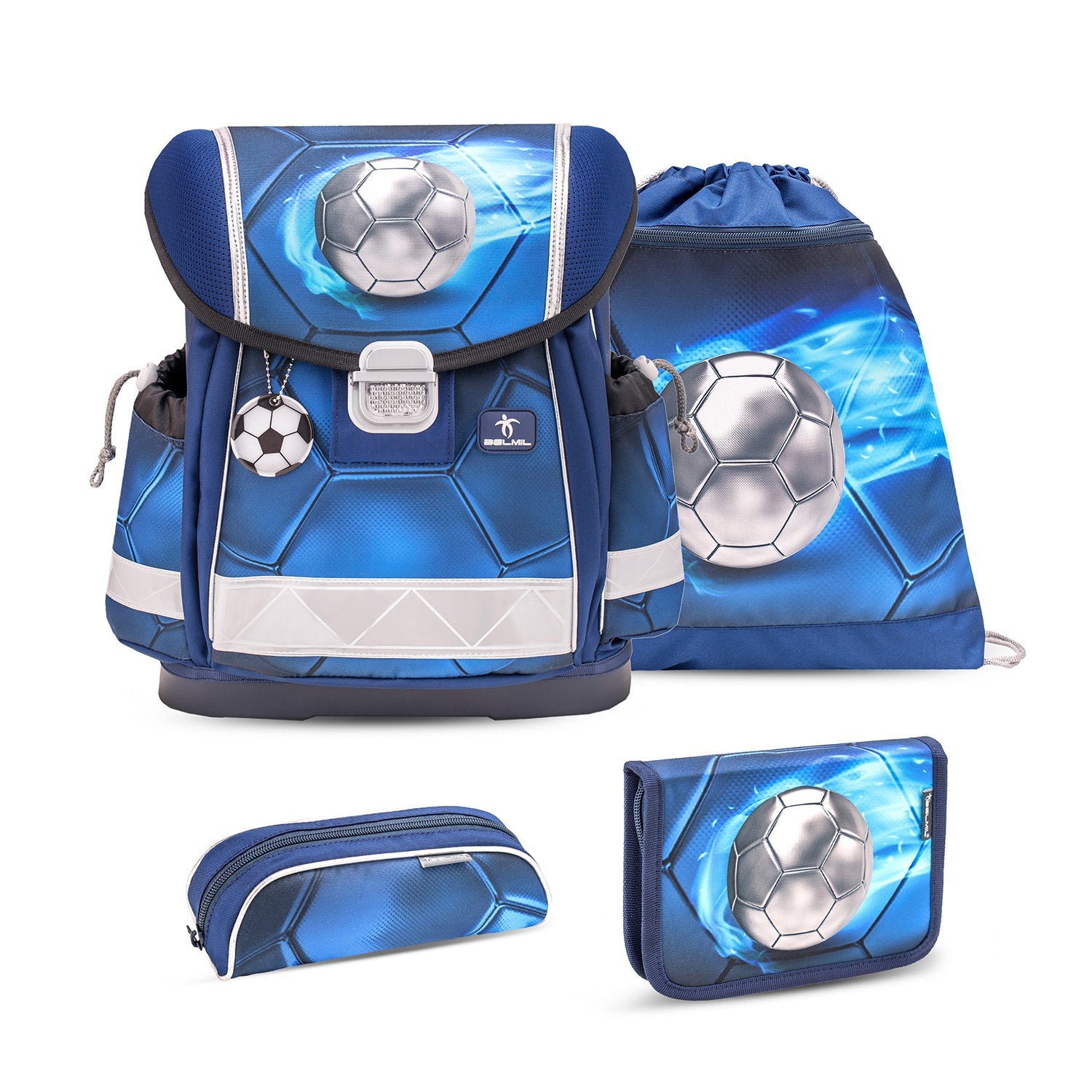 Ergonomic School Bag Set for Boys– Belmil Classy Football 4 (4 pcs) showcasing the padded shoulder straps for comfort.