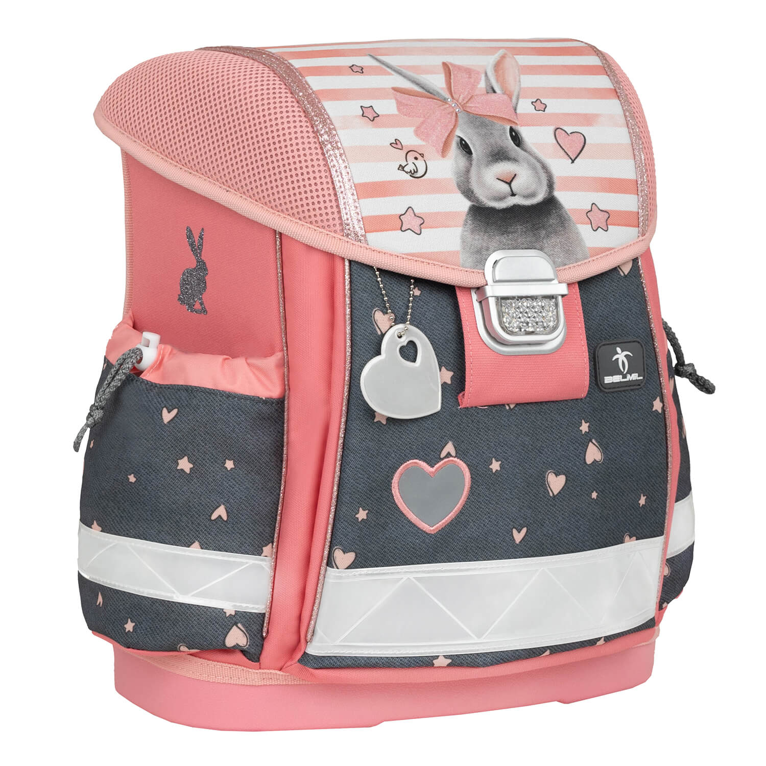 The round pencil case from the Ergonomic School Bag Set for Girls – Belmil Classy Little Bunnies (4 pcs) featuring a charming bunny design.