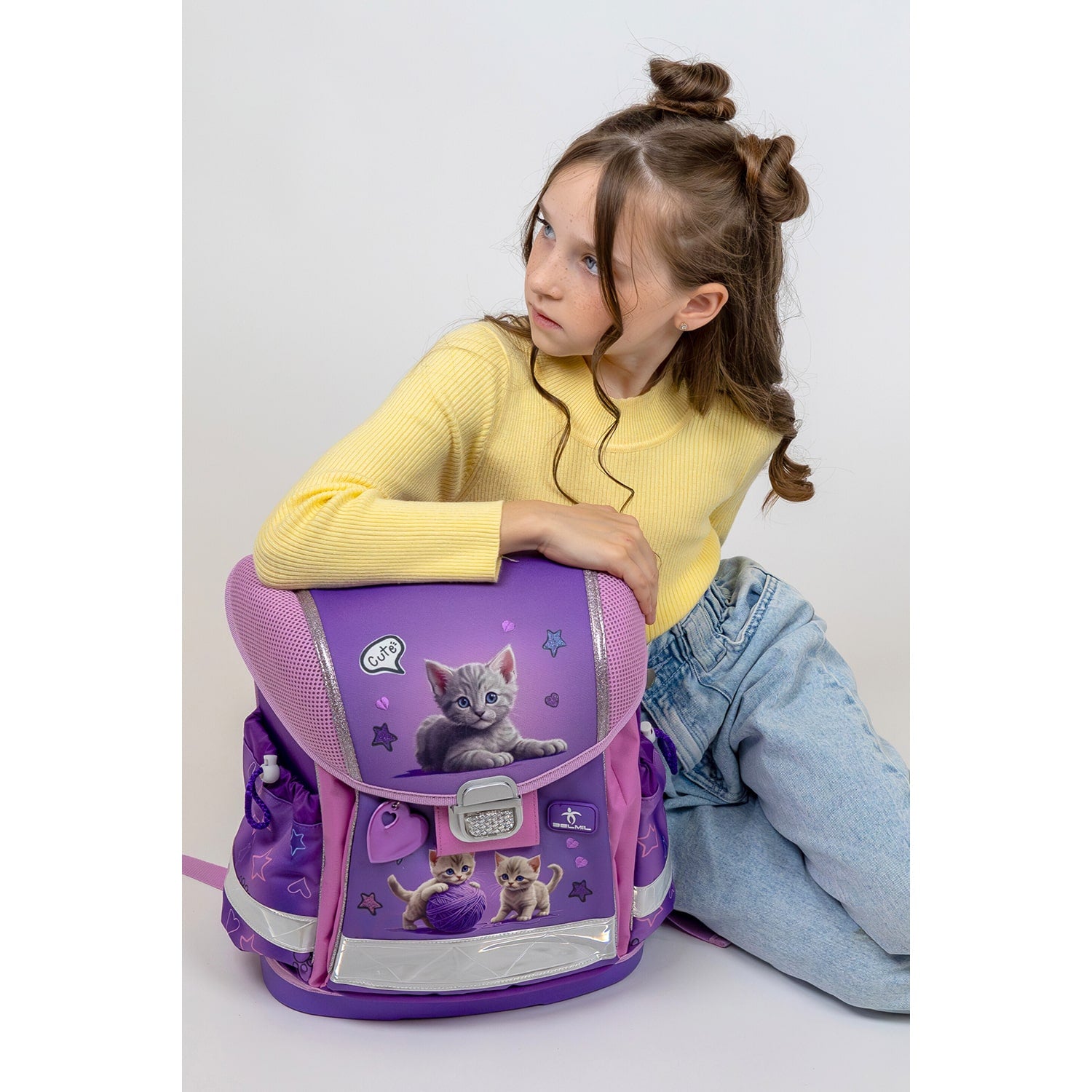 The Ergonomic School Bag Set for Girls – Belmil Classy Little Kittens (5 pcs) featuring an organized interior of the pencil case.
