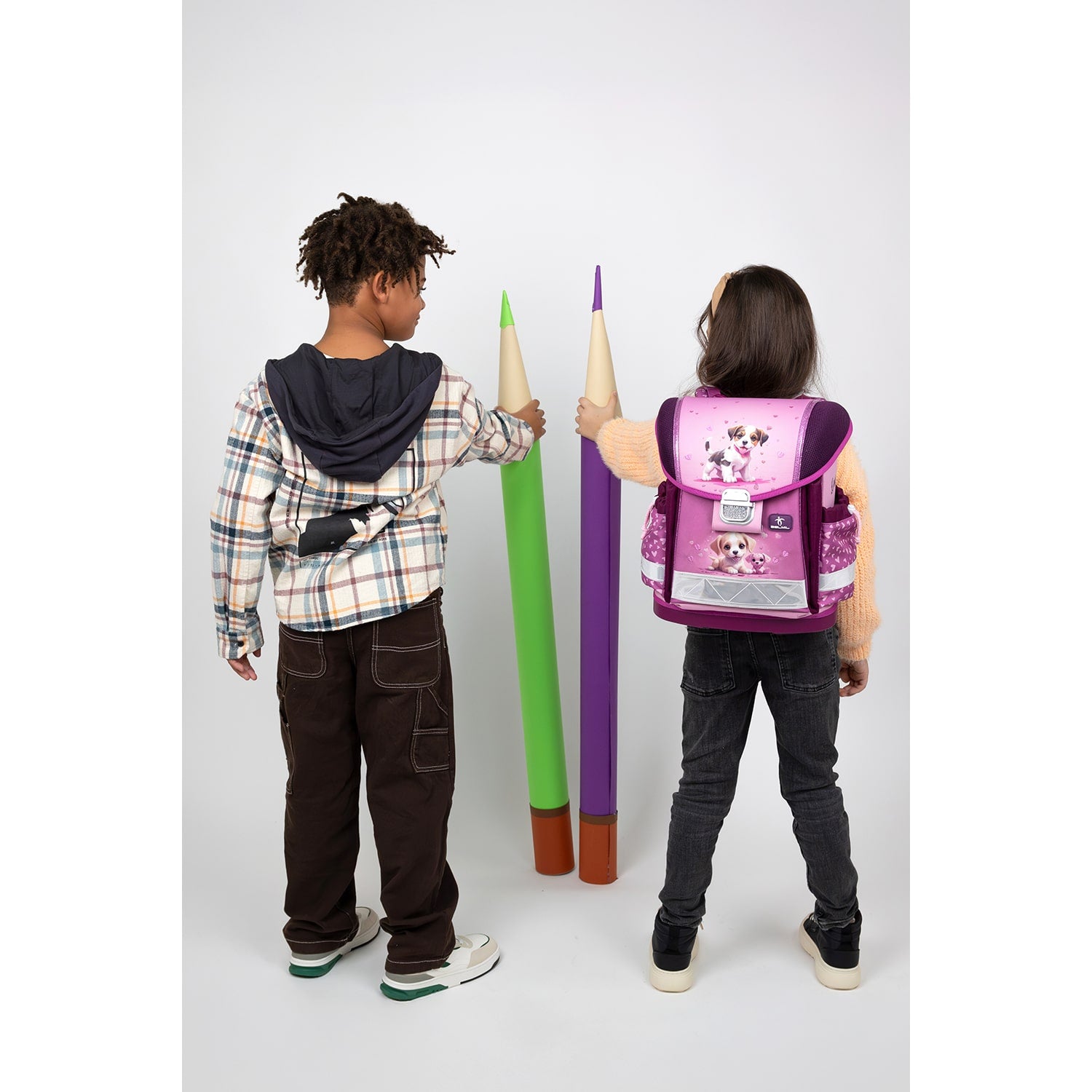 A close-up of The Ergonomic School Bag Set for Girls – Belmil Classy Little Puppies (5 pcs), highlighting the ergonomic back padding, designed for comfort.