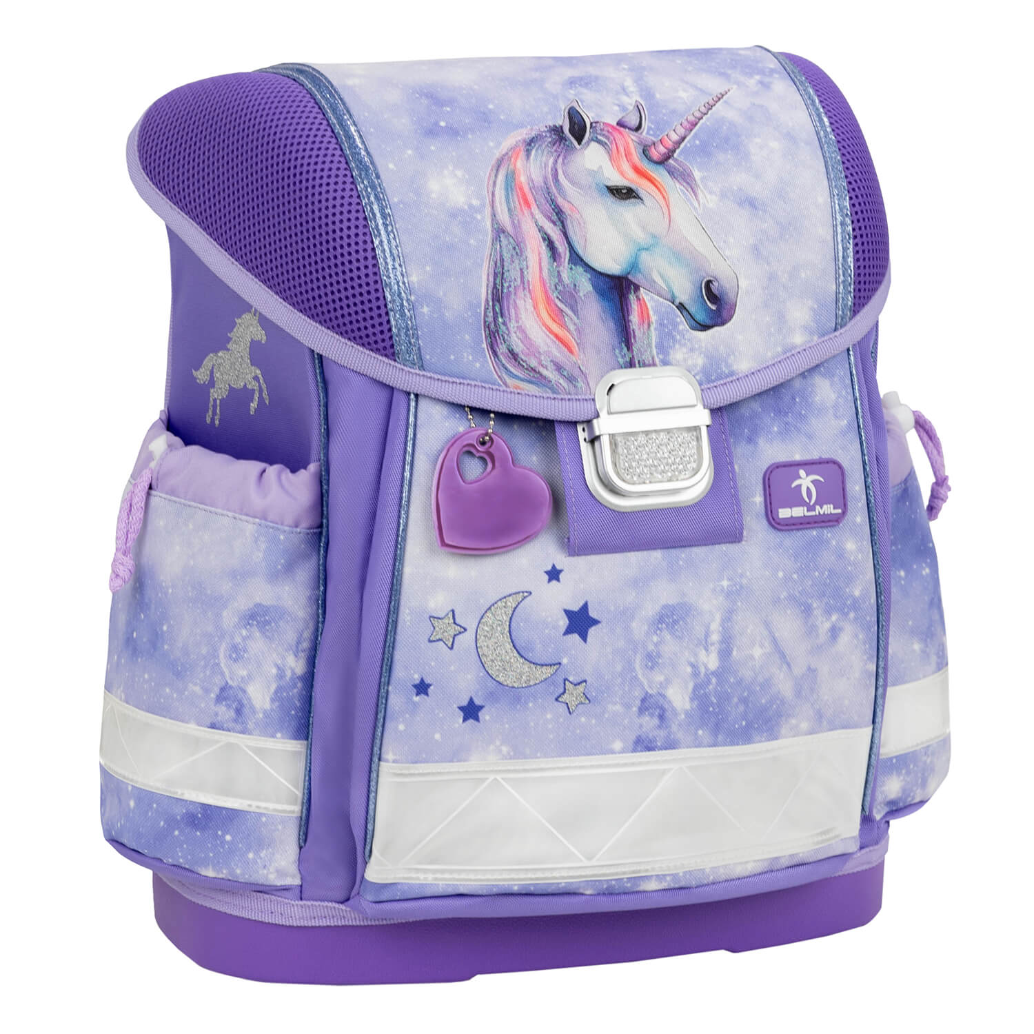 The full Ergonomic School Bag Set for Girls – Belmil Classy Mistyc Luna (4 pcs) showcasing the round and box pencil cases included.